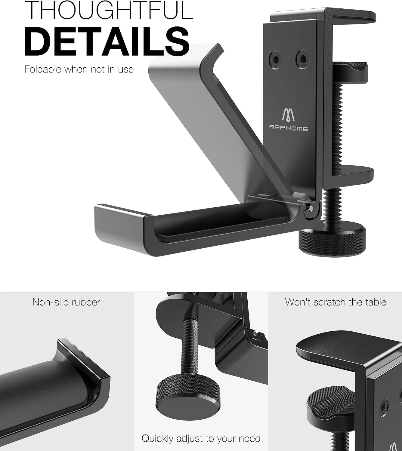 New Foldable Headphone Stand Hanger Holder Aluminum Headset Soundbar Stand Clamp Hook Under Desk Space Save Mount, Universal Fit Gaming Headphones, Black