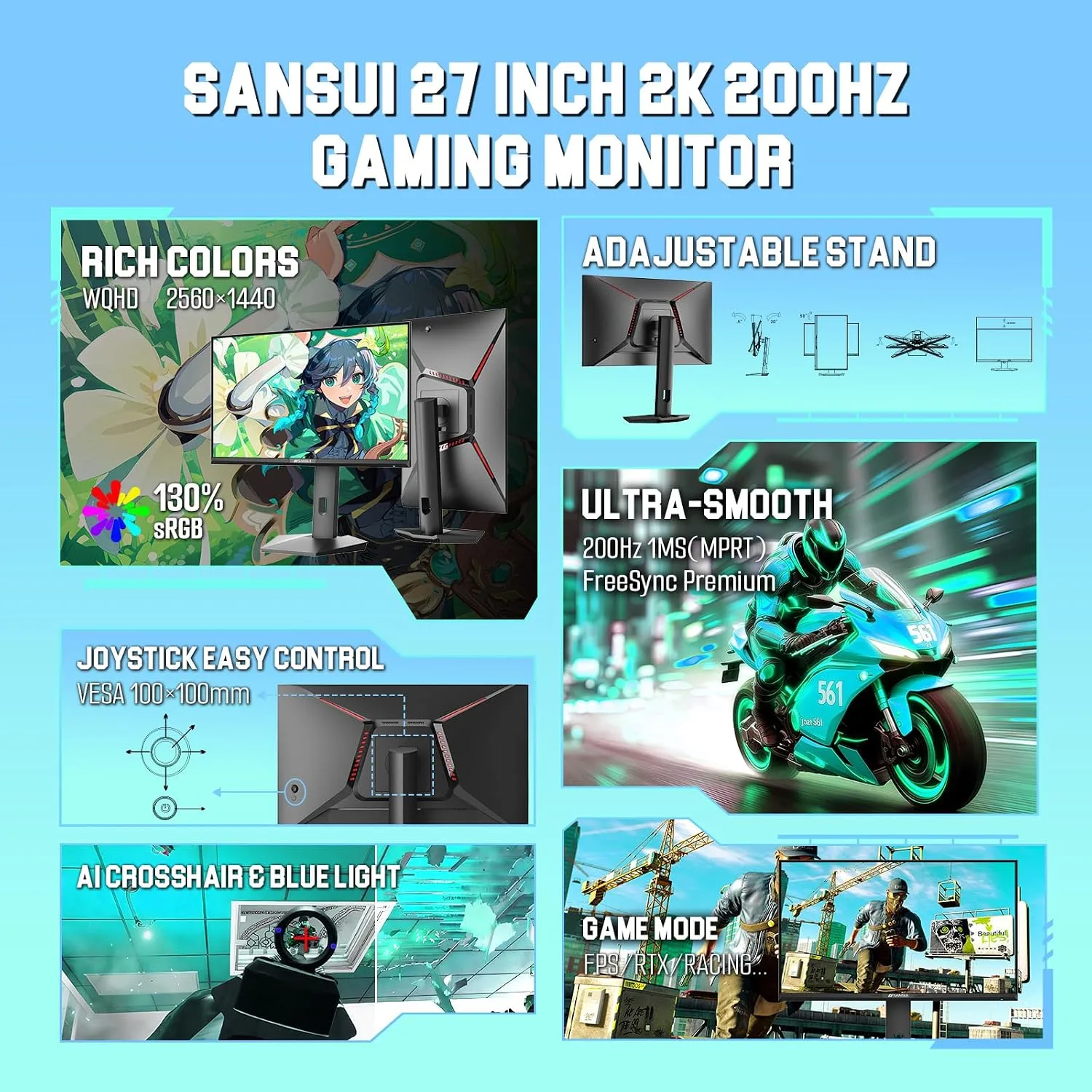 SANSUI Gaming Monitor 27" 1440P 200Hz 180Hz WQHD 2560×1440-AMD FreeSync 1ms DCI-P3 95% Fast IPS Computer Monitor,Height Adjustable Vertical/Horizontal Rotating, 2×DisplayPort/HDMI 丨HDR丨Low Motion Blur