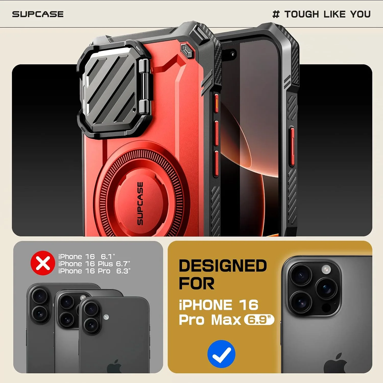 SUPCASE for iPhone 16 Pro Max Case (6.9 inch) with Camera Cover Stand,Ruddy