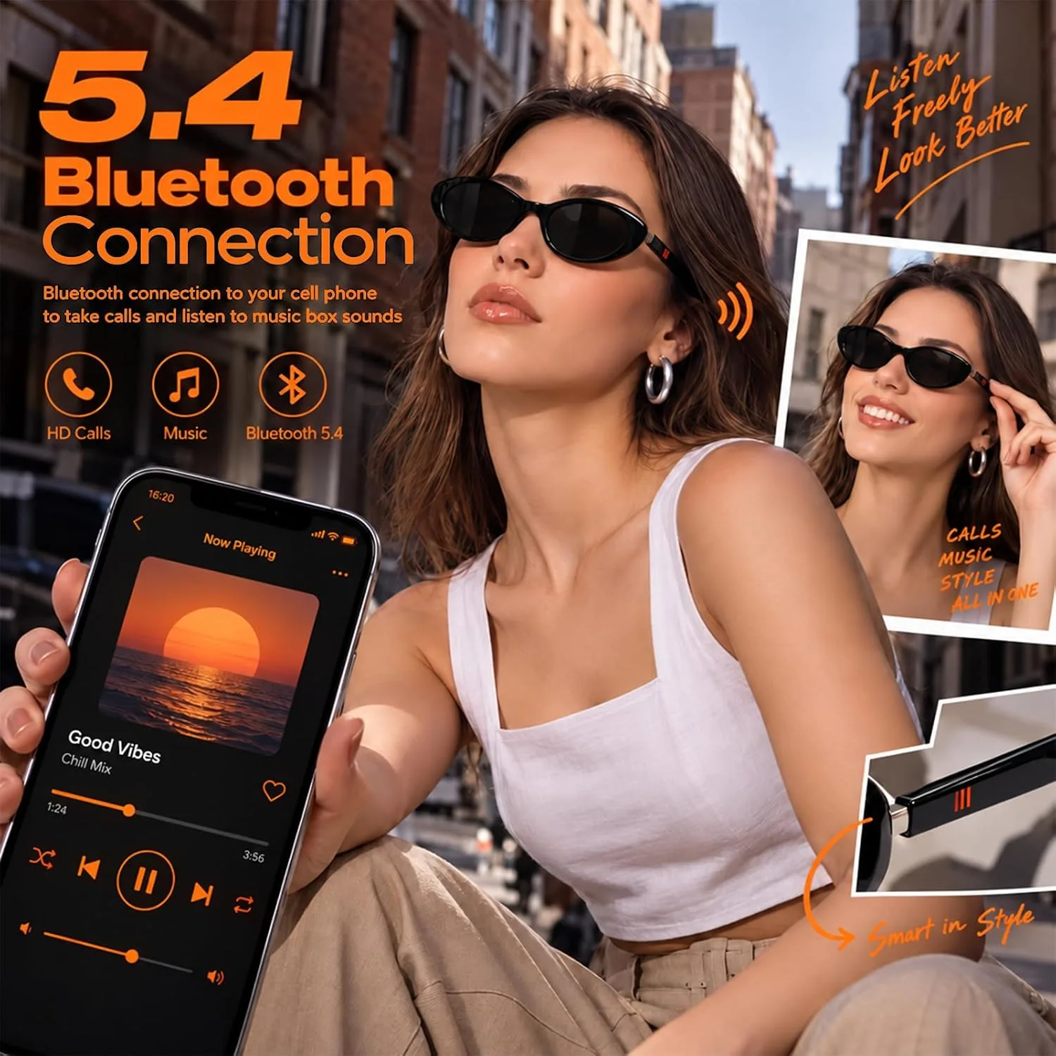 Bluetooth Audio Smart Glasses for Women Men, Polarized Bluetooth Sunglasses with Open Ear Speaker, Voice Control, Magnetic Charging, Grey
