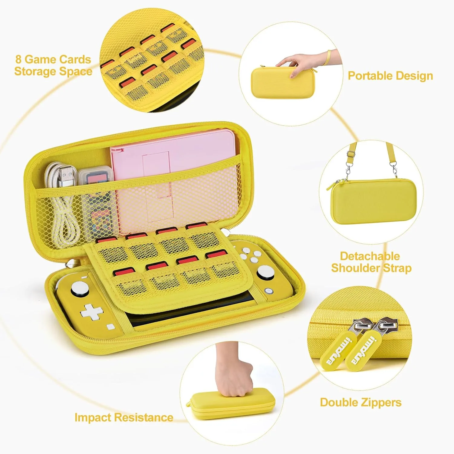 innoAura Switch Lite Case 18-in-1 Accessories Bundle for NS Switch Lite (2019), with Protective Carrying Case, Game Holder, Screen Protector & Cute Thumb Grips, Yellow