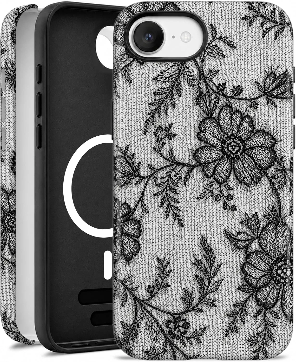 Funda magnética para iPhone 16E/17E Elystara Negro con encaje floral