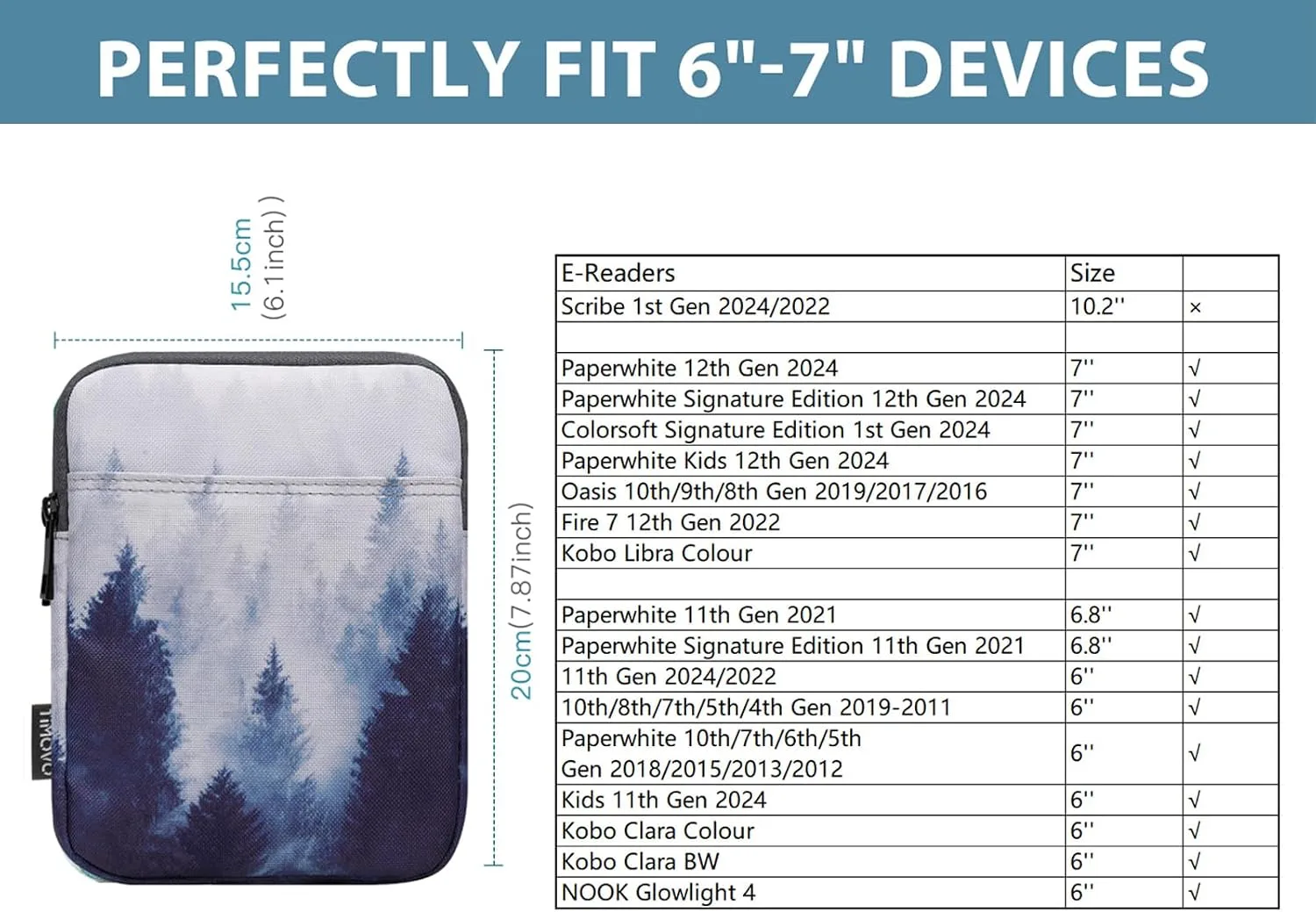 TiMOVO 6-7 Inch Sleeve Case for eReader, Gray Forest