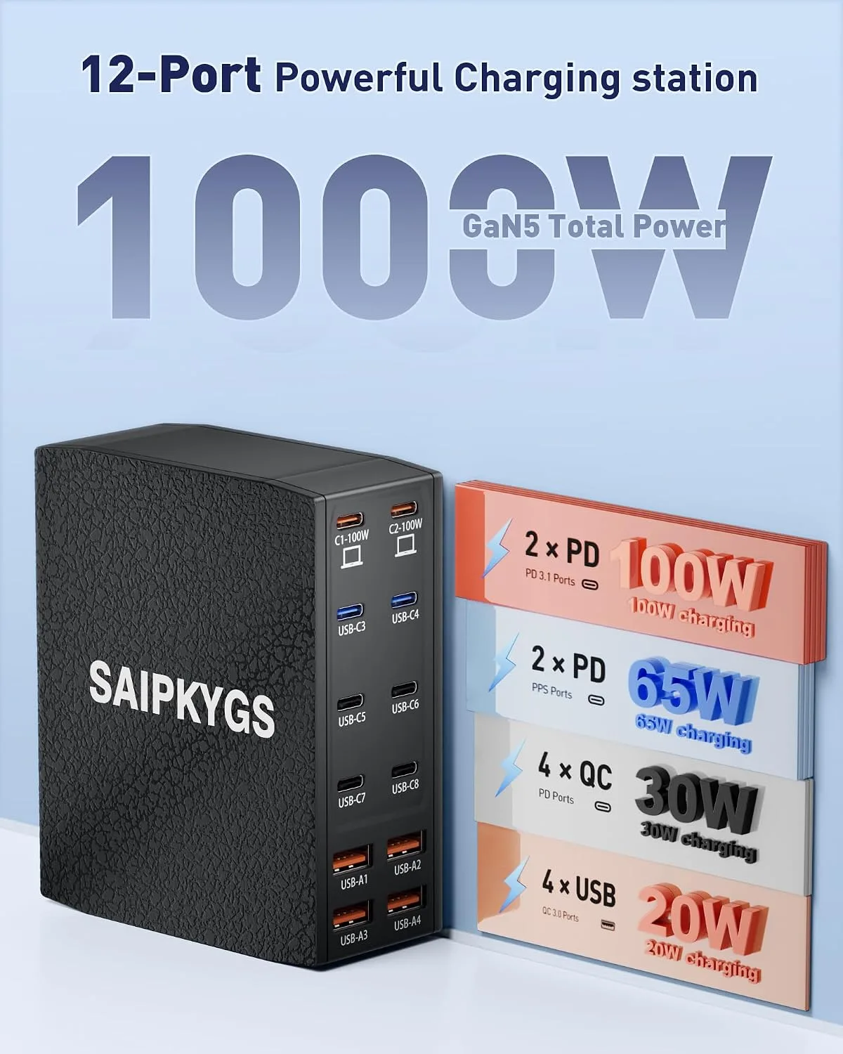 1000W USB Charging Station,12-Port USB C Charger Block with Dual 100W PD
