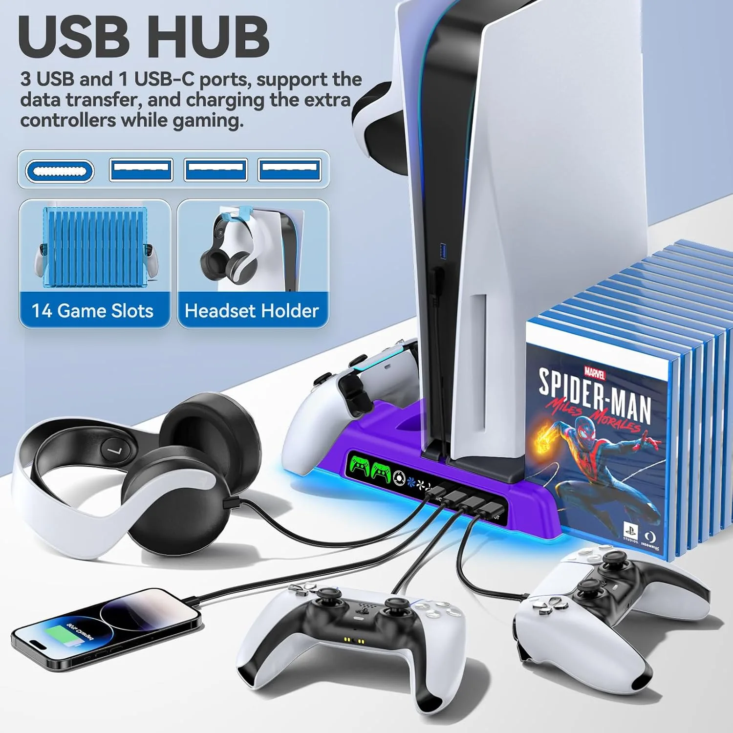 PS5/Slim/Pro Stand and Cooling Station with LED Controller Charging Station for PlayStation 5 Console, Controller Charger, Cooling Stand, PS5/Slim/Pro Skin Accessories Kit with 3 Level Cooler Fan