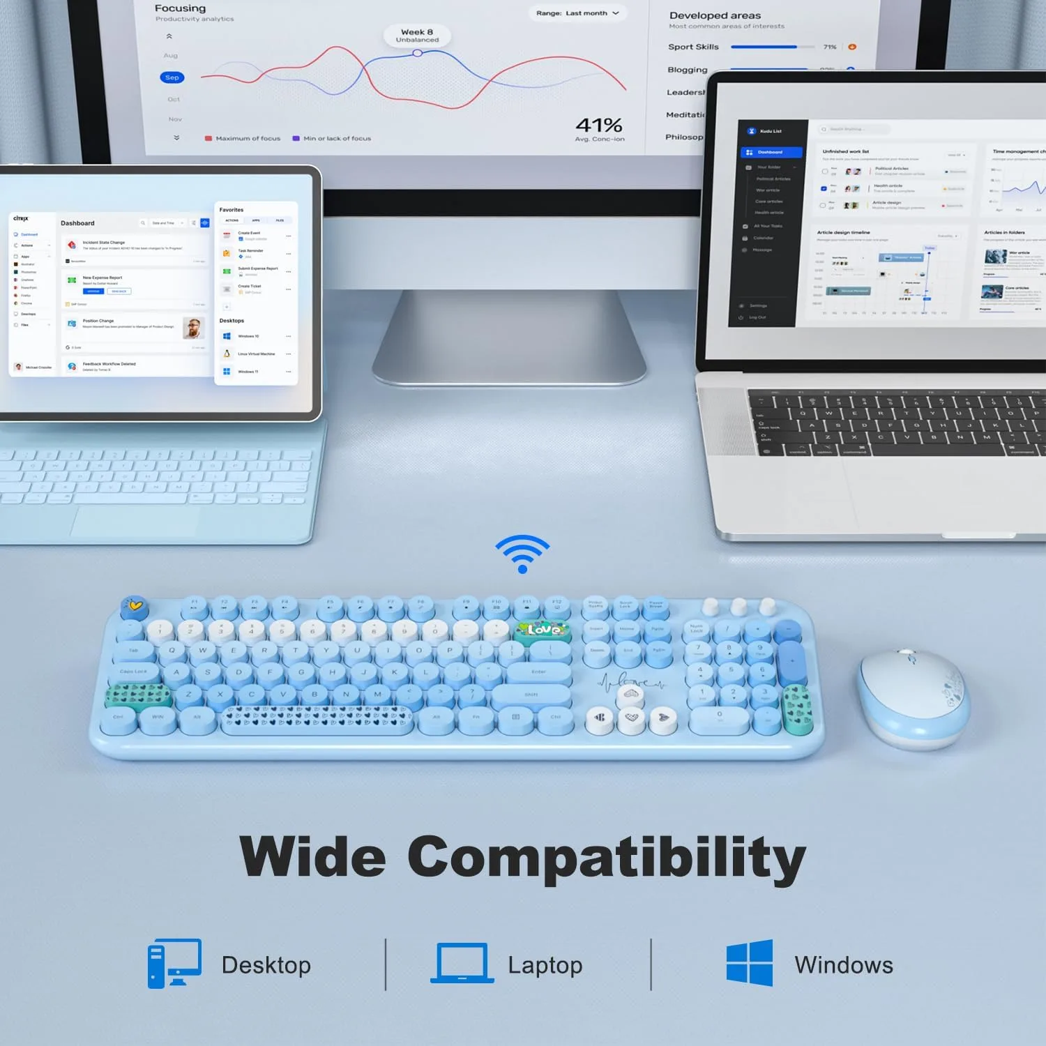 MOFII Wireless Keyboard and Mouse Combo, Full Size 2.4G Plug and Play Typewriter Retro Round Computer Keyboard and Mouse Set for Windows, Computer, Desktop, PC, Notebook - (Blue Colorful)