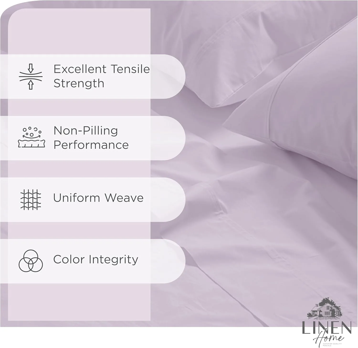 Linen Home 100% Cotton Percale King Sheets, 4 Pc Cooling Set - Iris Lilac