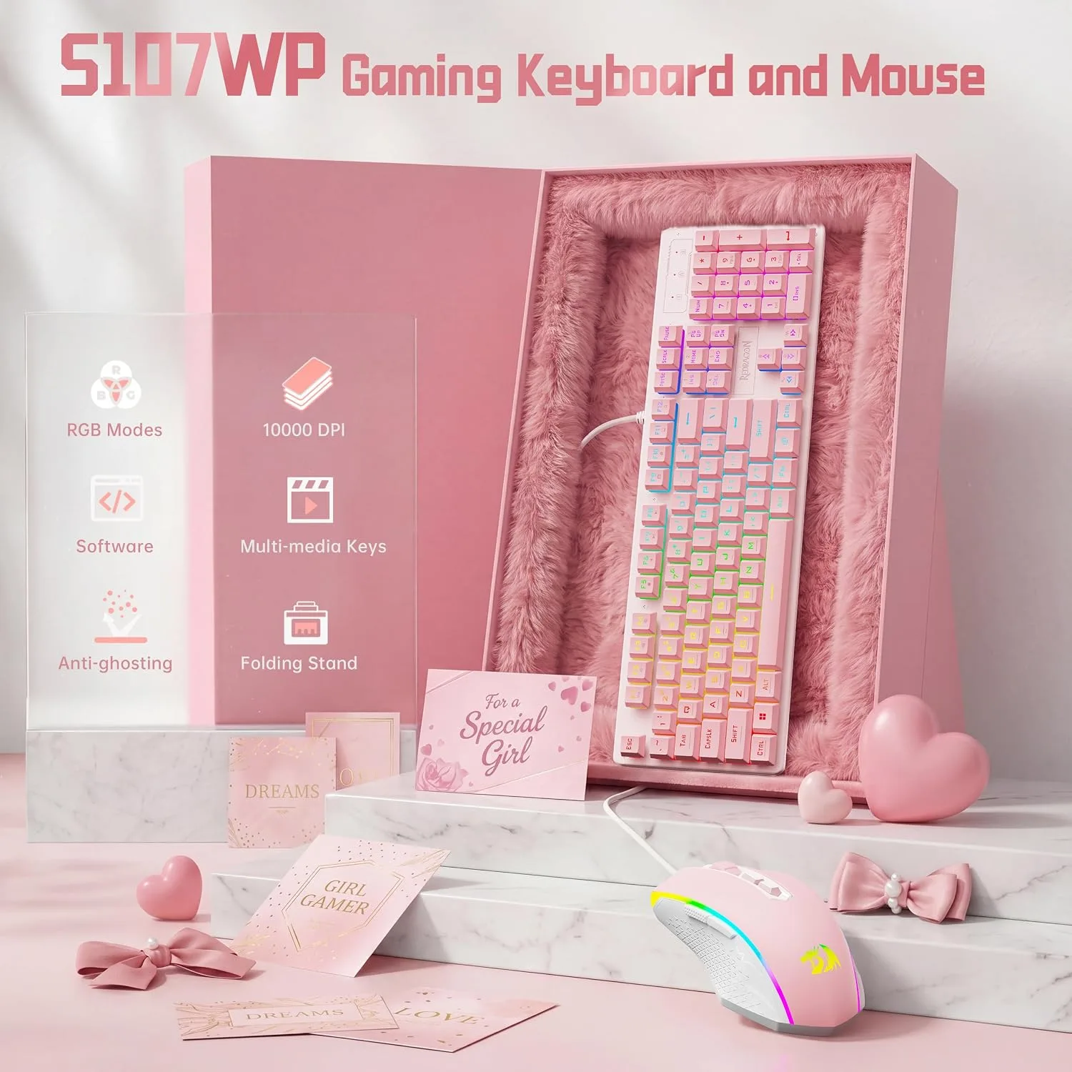 Redragon Updated S107WP Gaming Keyboard and Mouse, RGB Gaming Keyboard and 10000 DPI Mouse Combo with 25-Key Anti-Ghosting, 1K Hz Programmable Mice with Software, Plug & Play to PC, Laptop - Pink