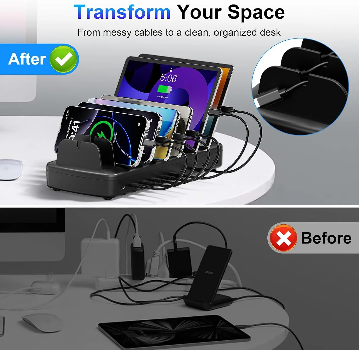 510W Charging Station for Multiple Devices, 10 Ports Charger Organizer