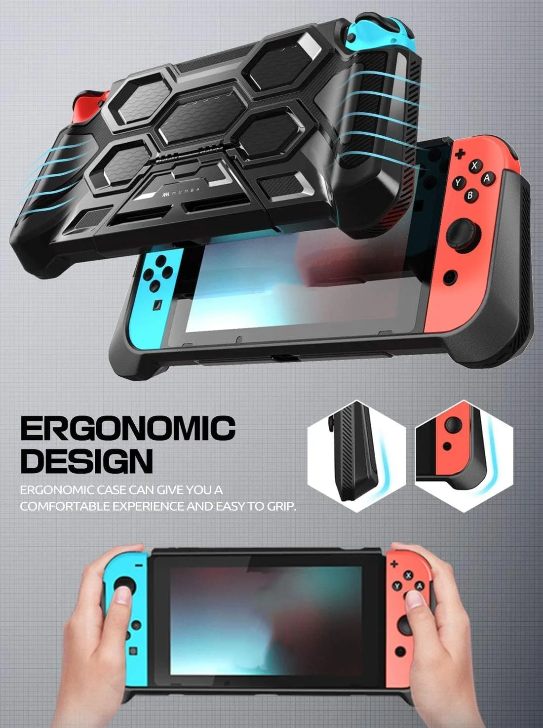Mumba Protective Case for Nintendo Switch 1 (2017 Release), [Battle Series] [Built-in Kickstand] Heavy Duty Grip Cover for Nintendo Switch Console with Comfort Padded Hand Grips (Black)
