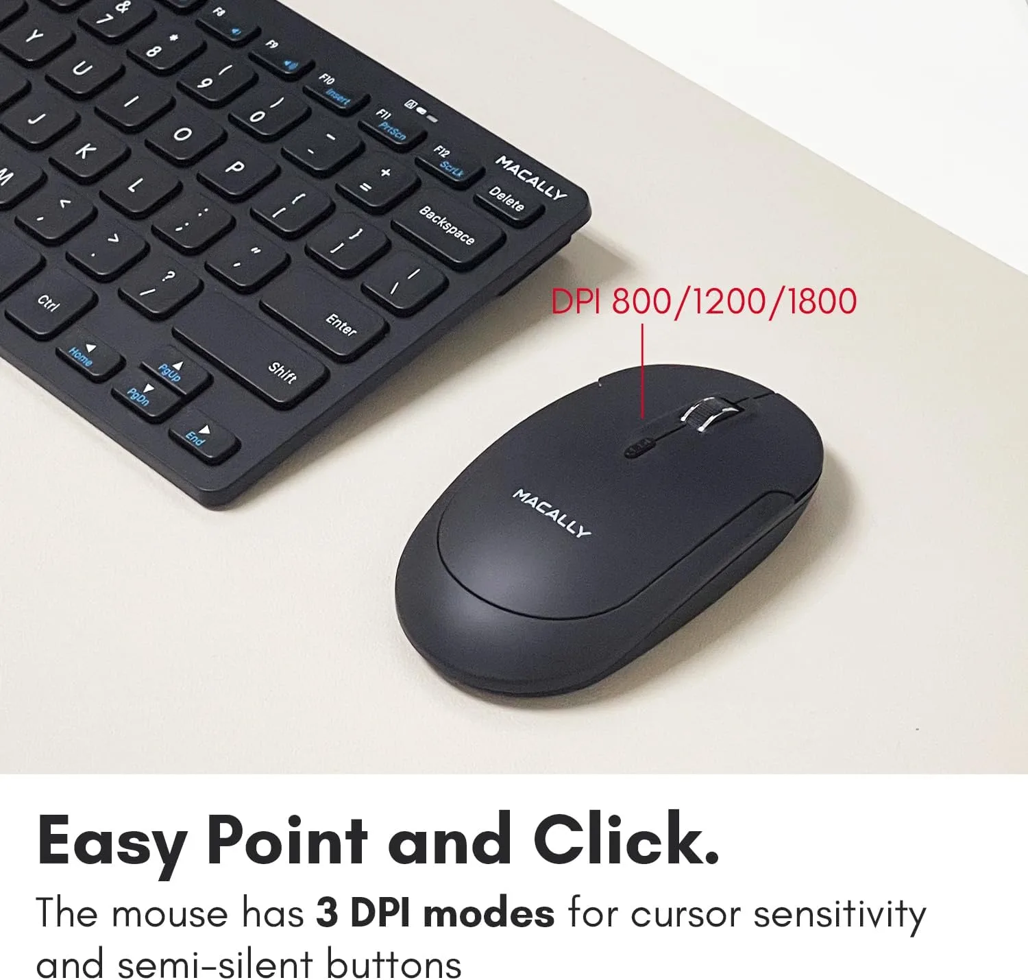 Macally Small Wireless Keyboard and Mouse Combo - Quiet Productivity Duo - 2.4G Wireless Compact Keyboard and Mouse for PC - 78 Key Mini Keyboard and Mouse with Slim Body, Click Buttons, & 3 DPI Modes