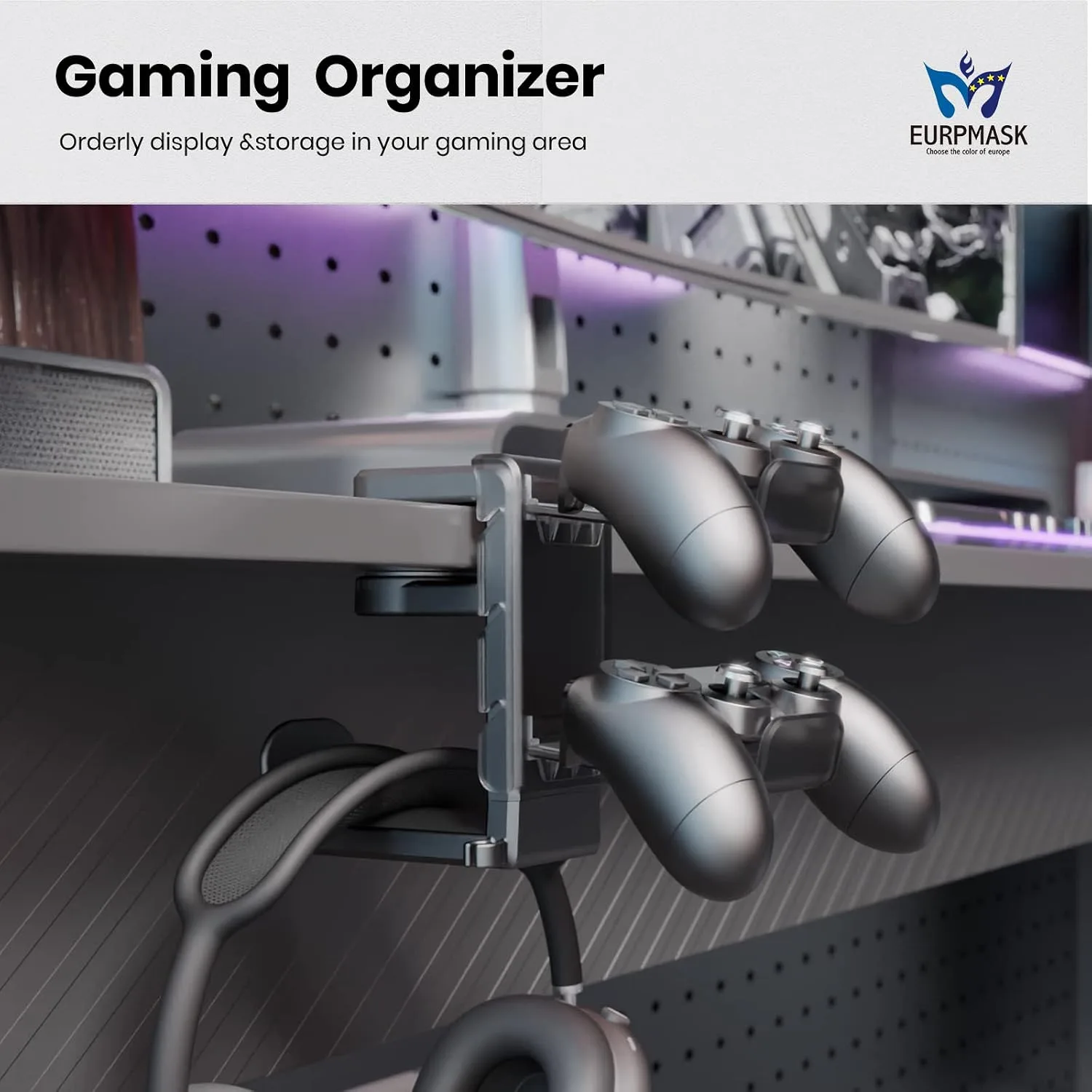 EURPMASK 3-in-1 Rotating Headphone Stand w/2 Detachable Controller Holders