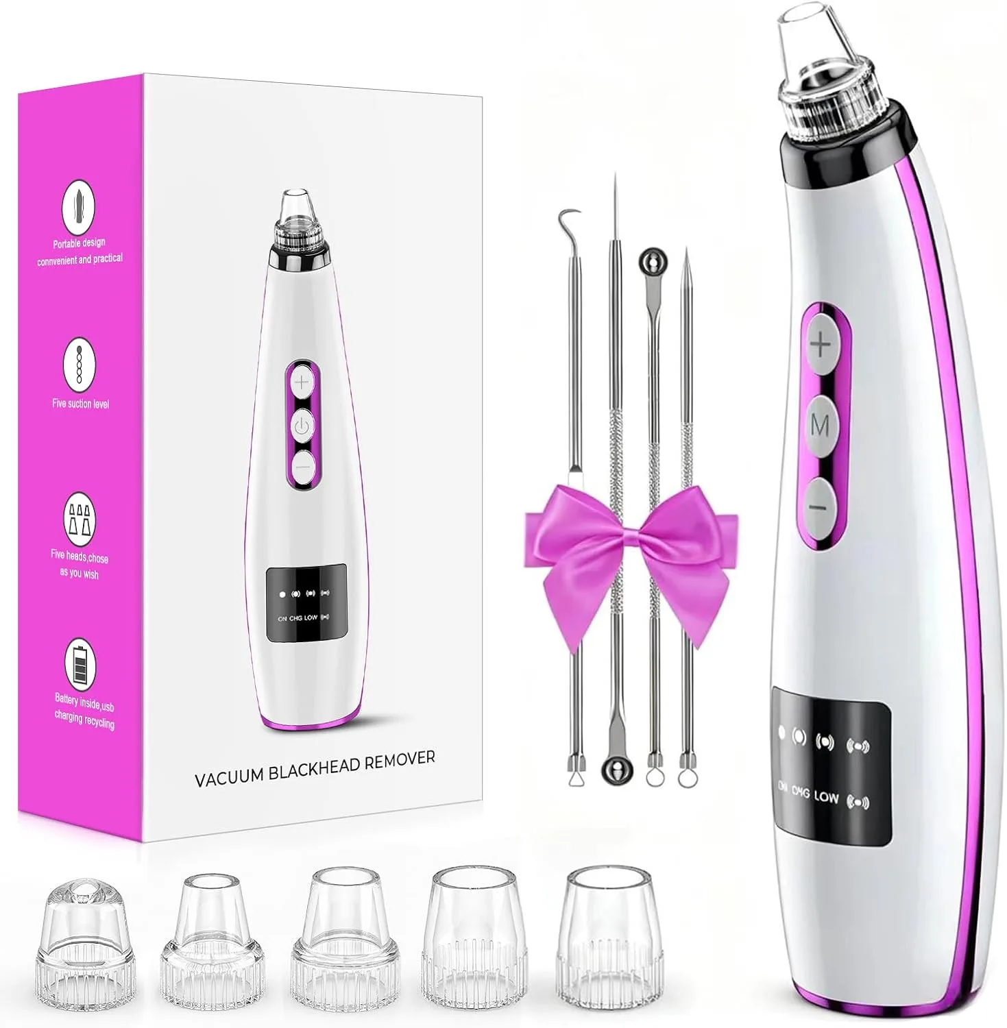 Blackhead Remover Vacuum, Facial Pore Extractor, 5 Suction Levels, 5 Probes