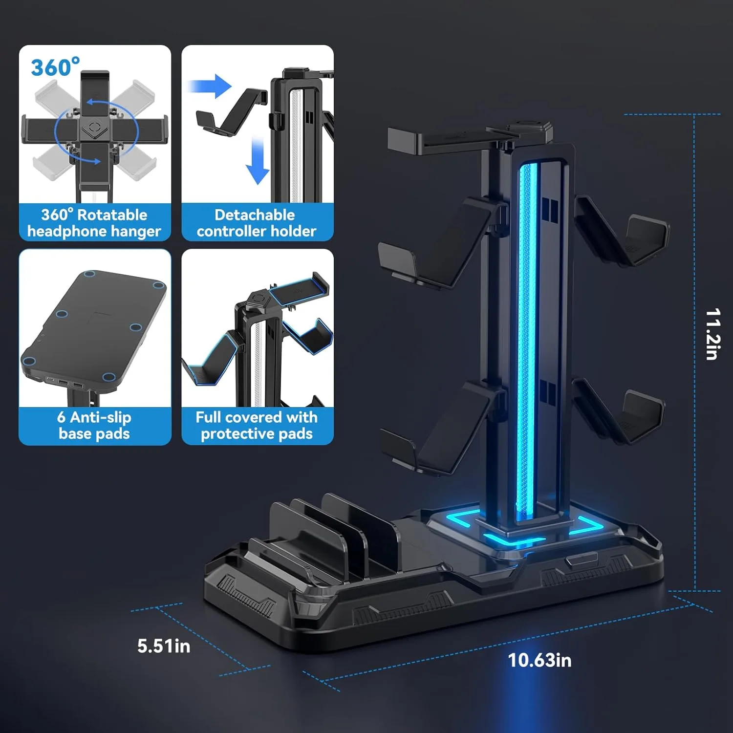 KDD Headset Stand with Charging Station - Detachable Controller Holder with 9 Light Modes - Rotatable Headphone Hanger with USB A&C Charger Ports - Earphone Hook for PC Gaming Accessories Storage