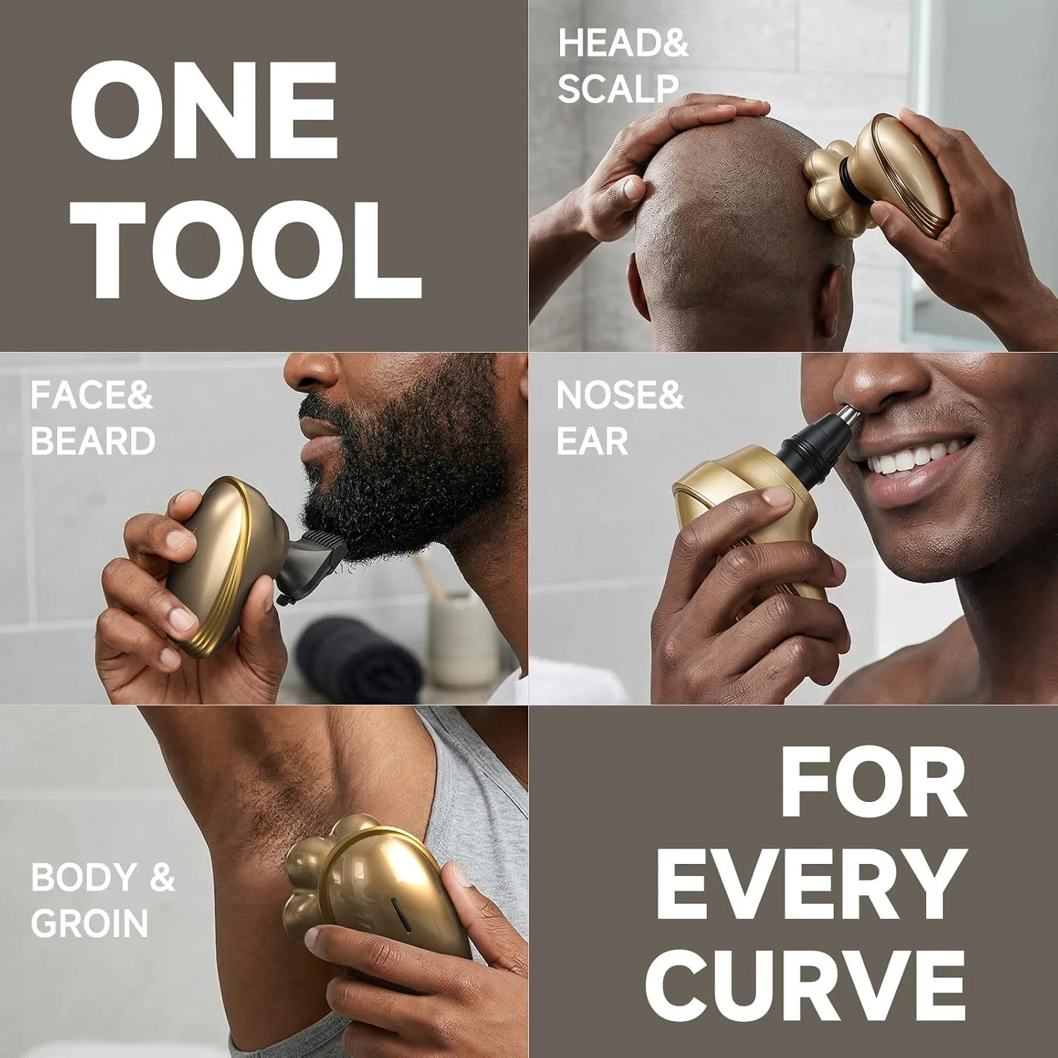 5-in-1 Head Shaver for Bald Men – 7D Floating Rotary Shaver,Electric Razor for Men with Magnetic Detachable Heads,IPX7 Wet Dry Waterproof Grooming Kit, Type-C Fast Charge for Travel (Gold)