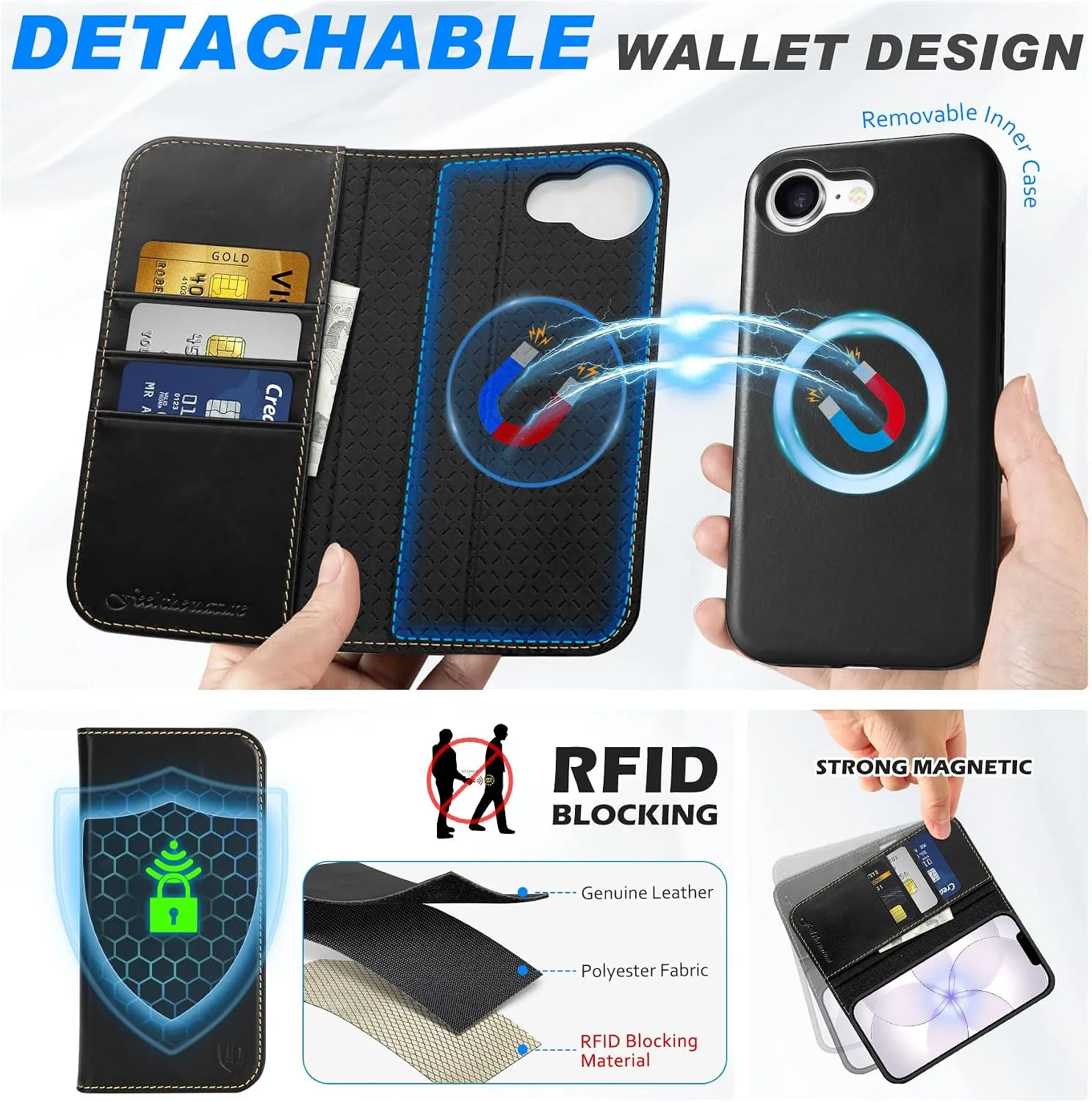 SHIELDON 2 in 1 Real Leather Case Wallet for iPhone 17e 6.1", Retro Black