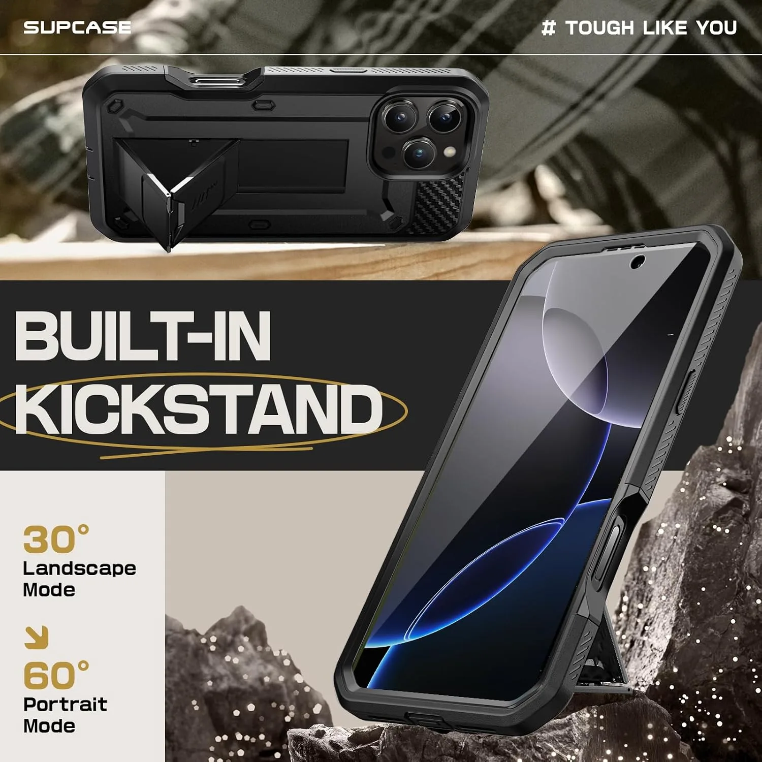 SUPCASE for iPhone 16 Pro Max Case with Screen Protector & Stand, Black