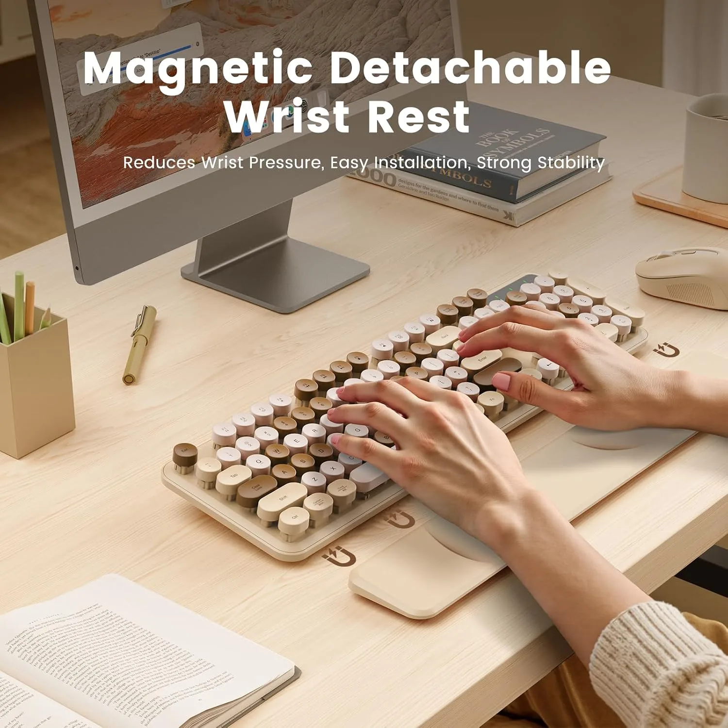Wireless Keyboard, Round Keycaps, Retro Typewriter Keyboard with Magnetic Wrist Rest, Sleep Mode, Foldable Legs, 2.4GHz Full-Size Cordless Computer Keyboard for Windows PC, Laptop (Beige & Brown)