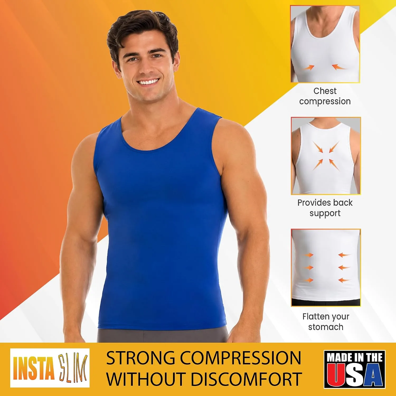 Insta Slim - Made in USA 3 Pack Compression Muscle Tank Body Shapers for Men. Back Support, Slimming Shapewear Undershirt