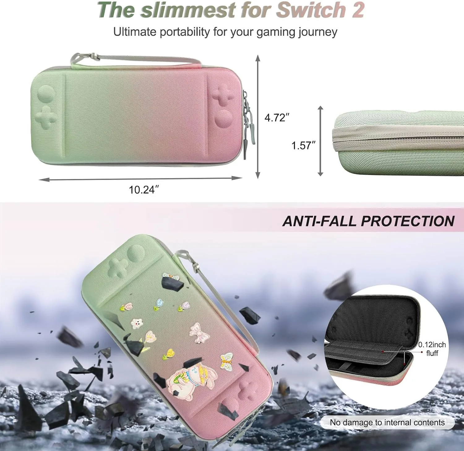 Cute Travel Carrying Case for Switch 2 2025 with Silicone j-con Covers, Thumb Grip Caps, Screen Protector, Flower Strap, Charms and Embroidery stickers for Girls Women, Pink Green