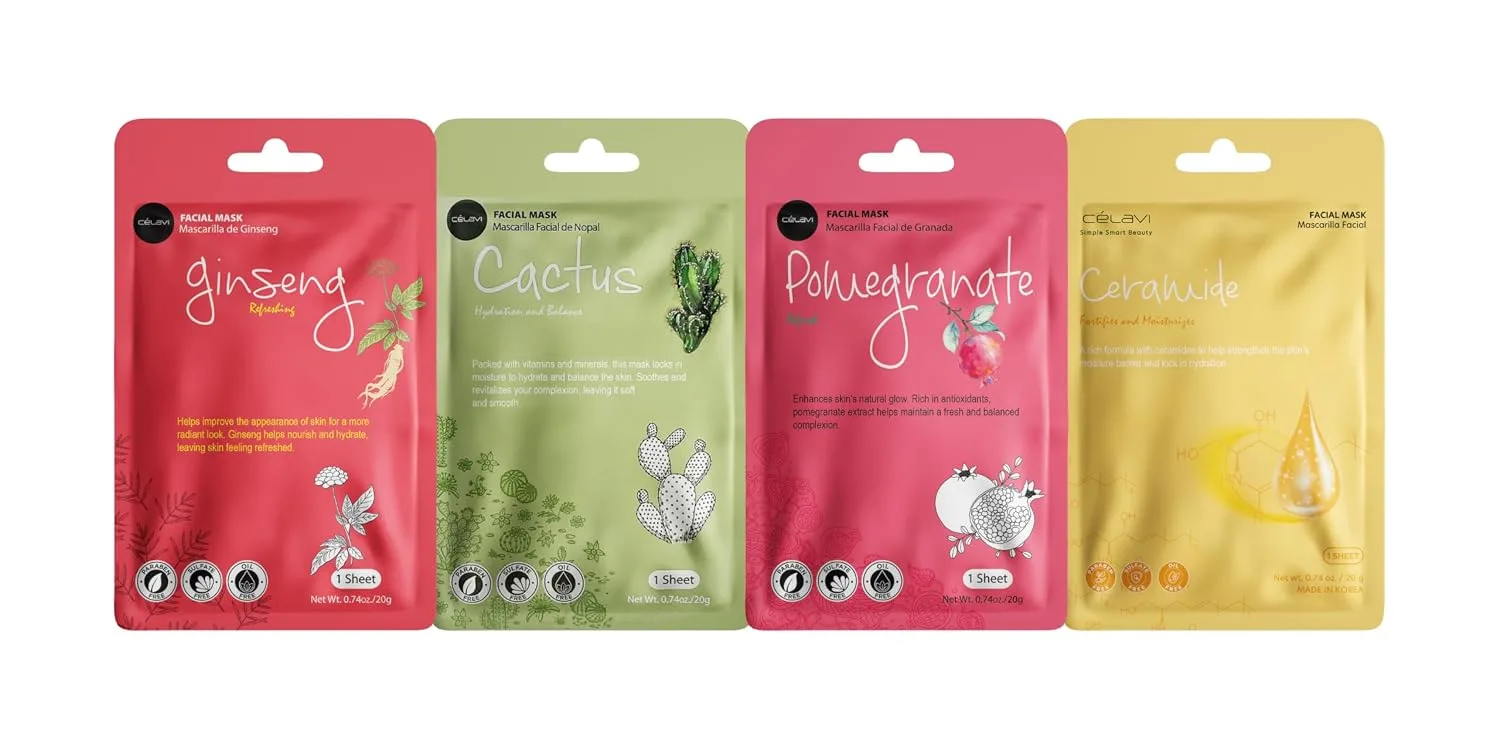 Celavi Korean Face Mask Sheet Set, Spa Masks, 12 Pack Cica