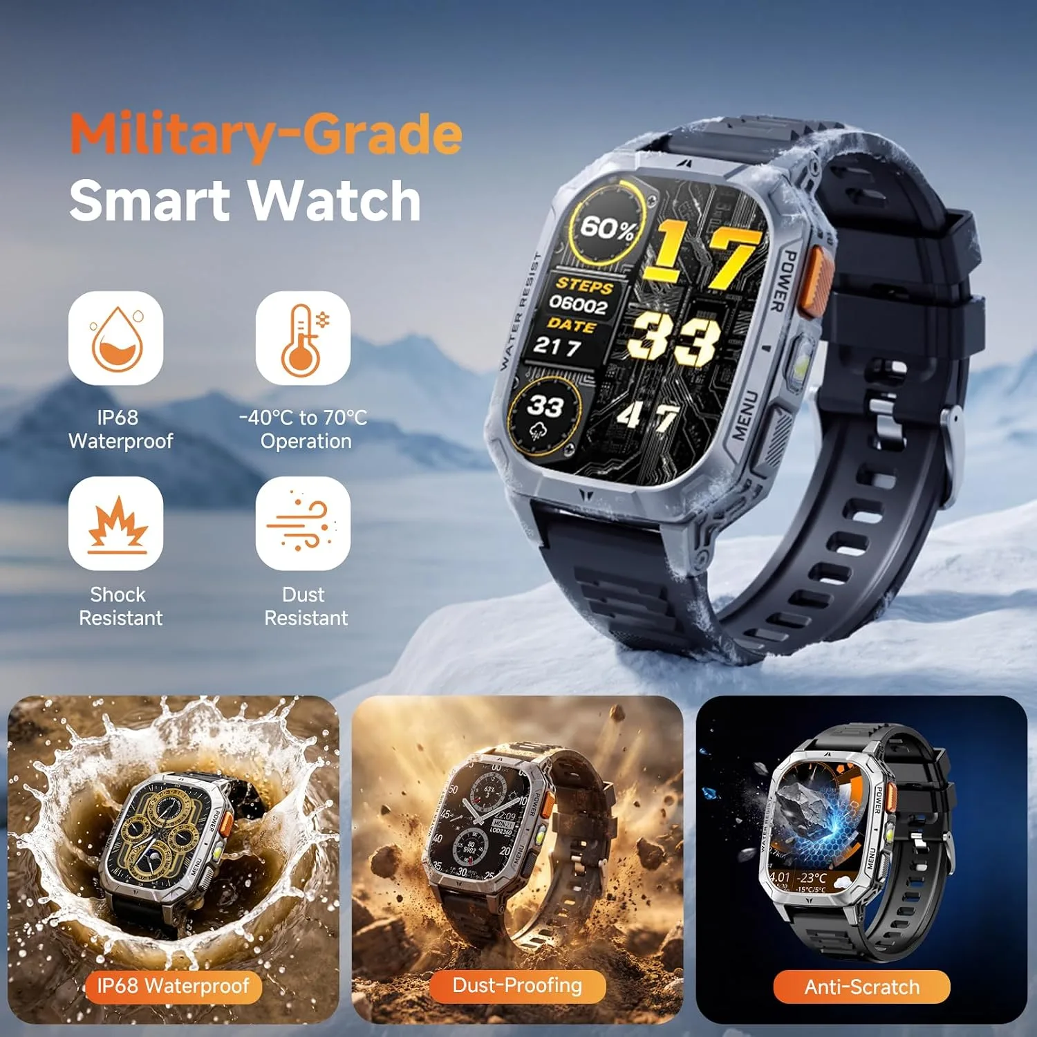Smart Watches for Men, 1400mAh Military Smart Watch with LED Flashlight, 2.01" Fitness Tracker, Bluetooth Call, 100+ Sports, Heart Rate SpO2 Sleep, IP68, Smart Watch for Android Phones & iPhone