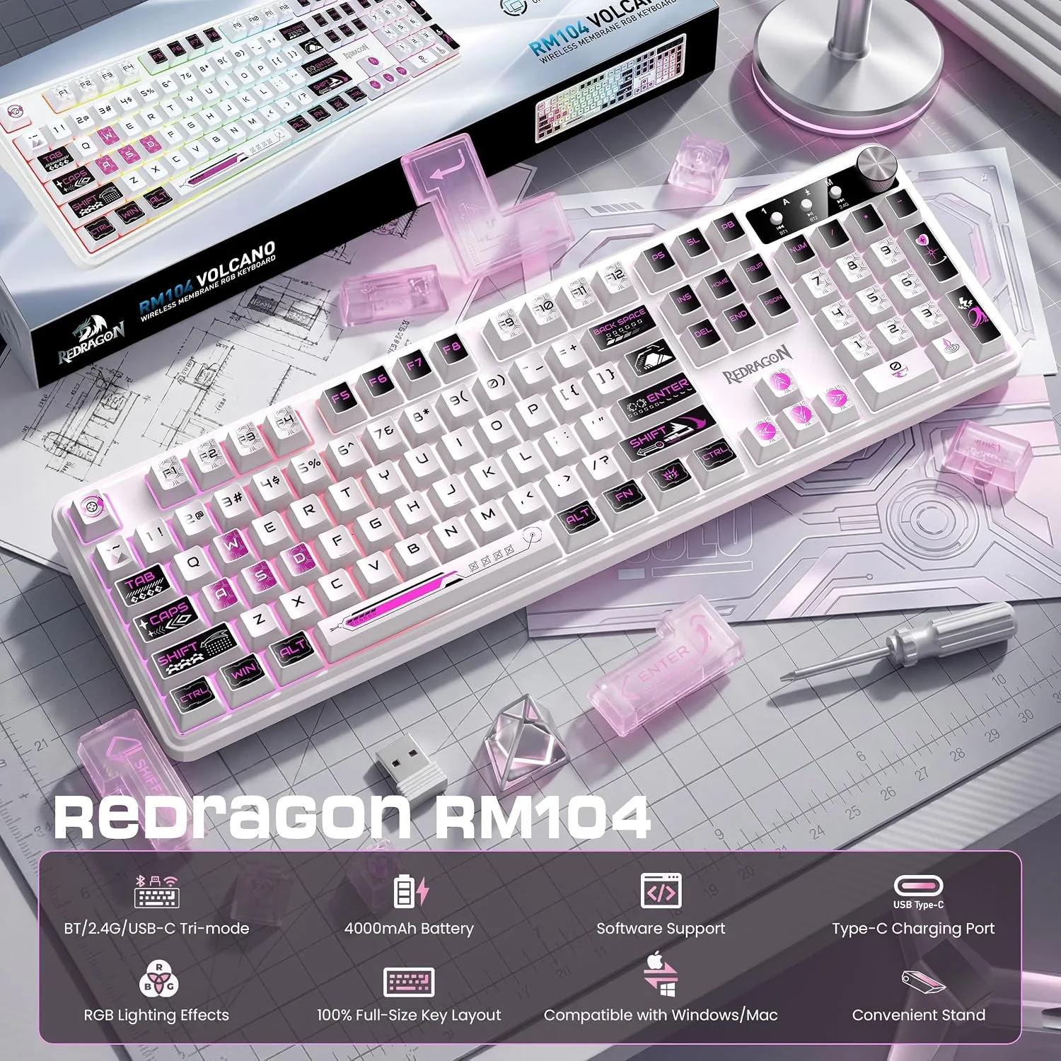 Redragon RM104 Wireless Gaming Keyboard with Knob, Tri-Mode BT/2.4G/USB-C RGB Computer Keyboards, 4000mAh Battery, Programmable Software Support, Anti-Ghosting, Compatible with PC Mac - Pink & White