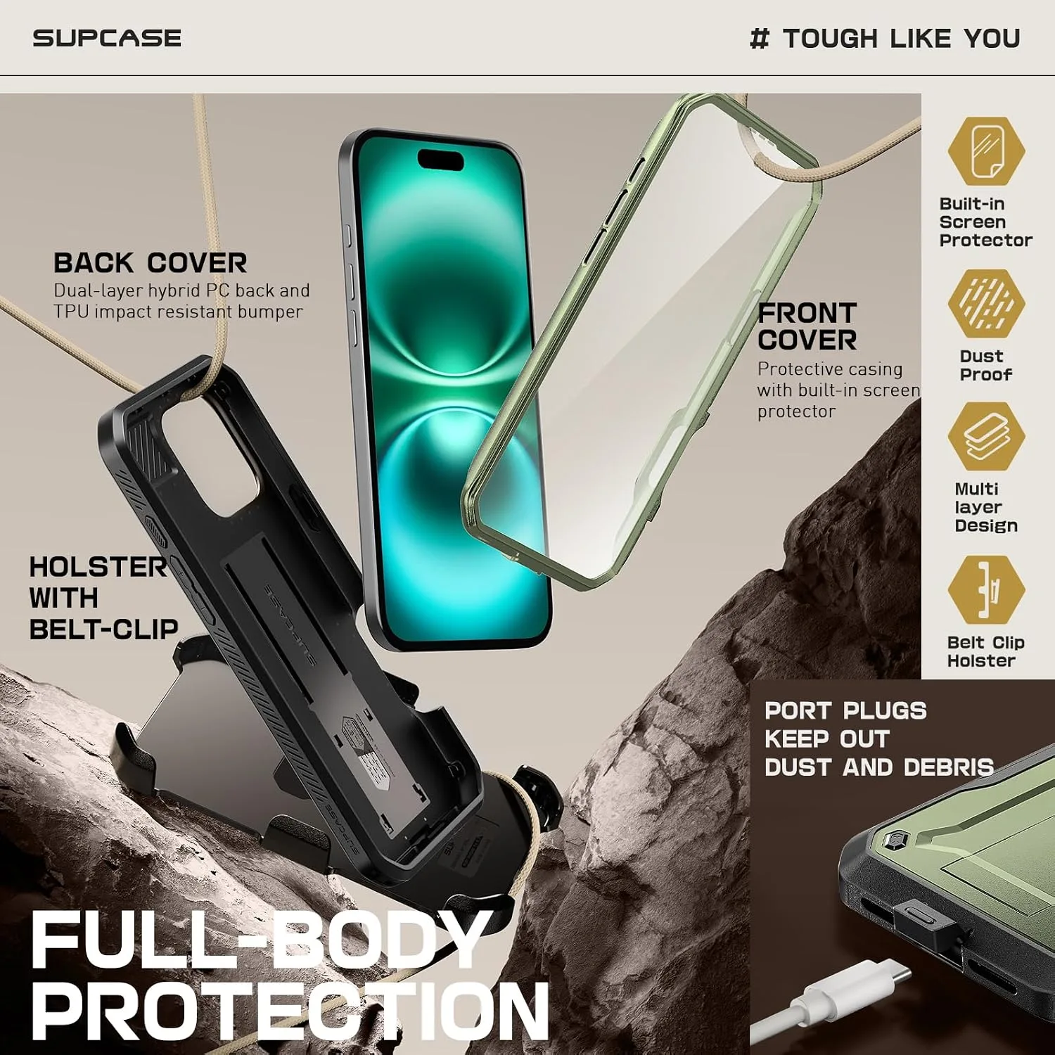 SUPCASE for iPhone 16 Pro Max Case with Screen Protector & Stand, Green