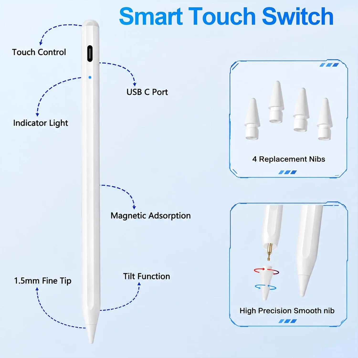 BLEBLE Stylus Pen for iPad 2018-2026, Fast Charge Apple iPad Pencil-White