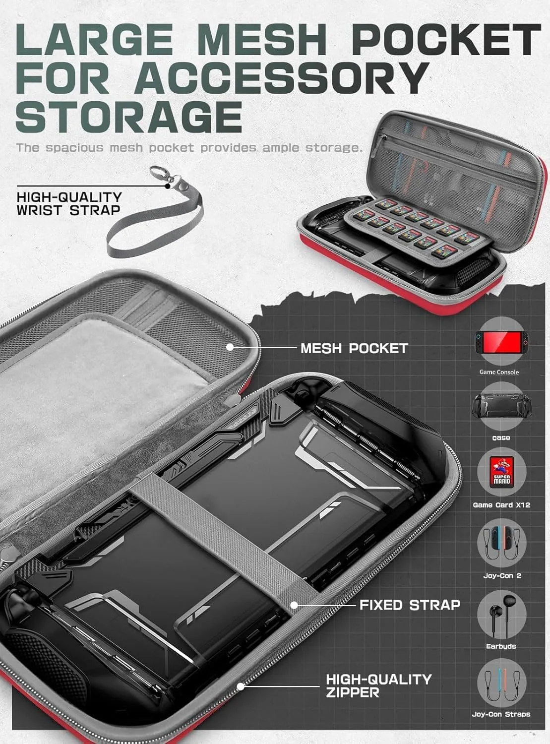 Mumba Carrying Case for Nintendo Switch 2 [Fits Console with Protective Case On][2025 Plus Version] Hard Shell Travel Handbag Pouch with 12 Game Card Slots, Large Capacity for Accessories (Red)