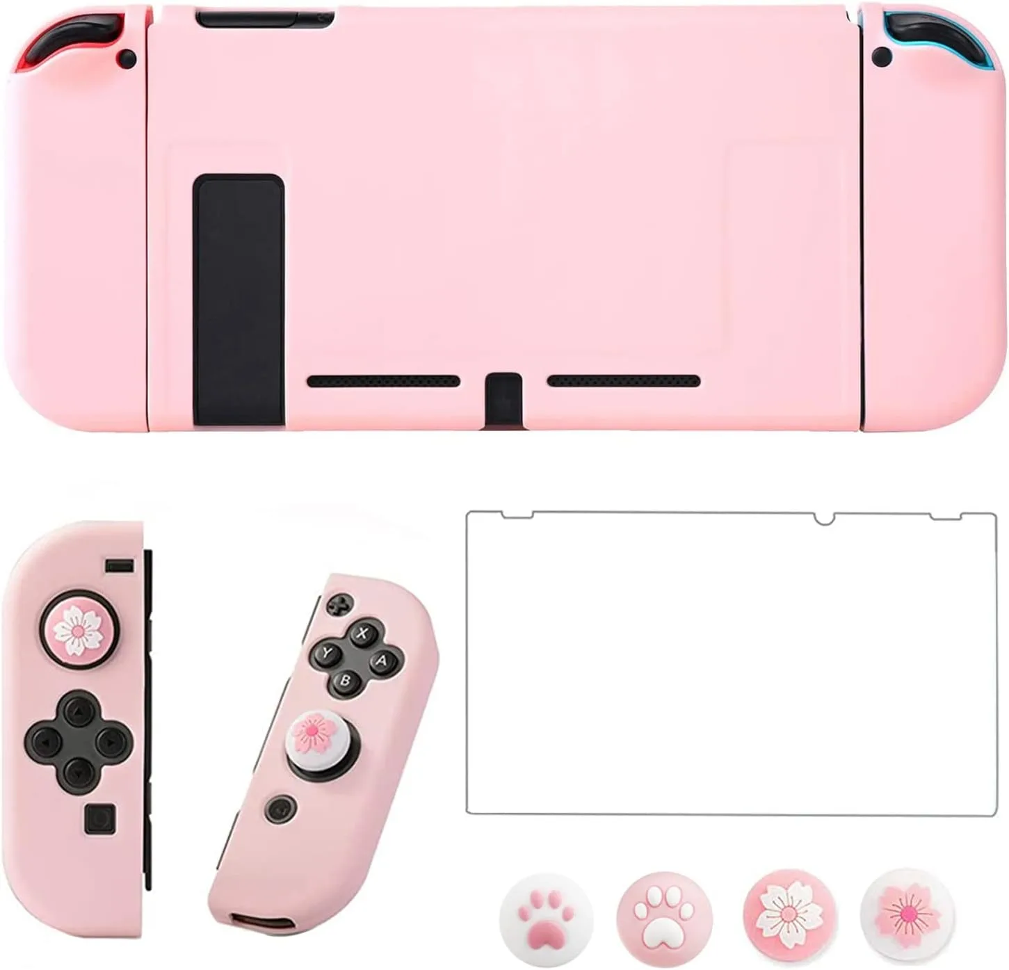 Funda protectora OLDZHU rosa compatible con Nintendo Switch con protector de pantalla y 4 grips para joystick
