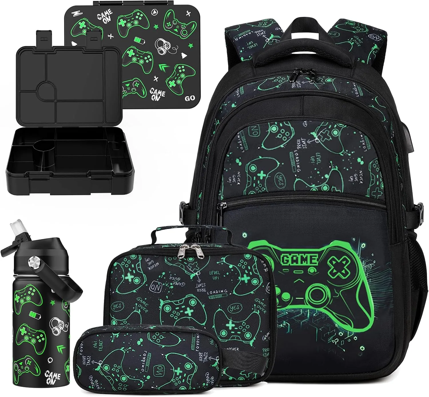 DIGOBAY Boys Backpack for School, Cool Luminous Gamer Backpack for Boys with Kids Bento Box Insulated Water Bottle Lunch Box Pencil Case, Kids Backpacks Bookbag for Teen Boys Elementary Middle School