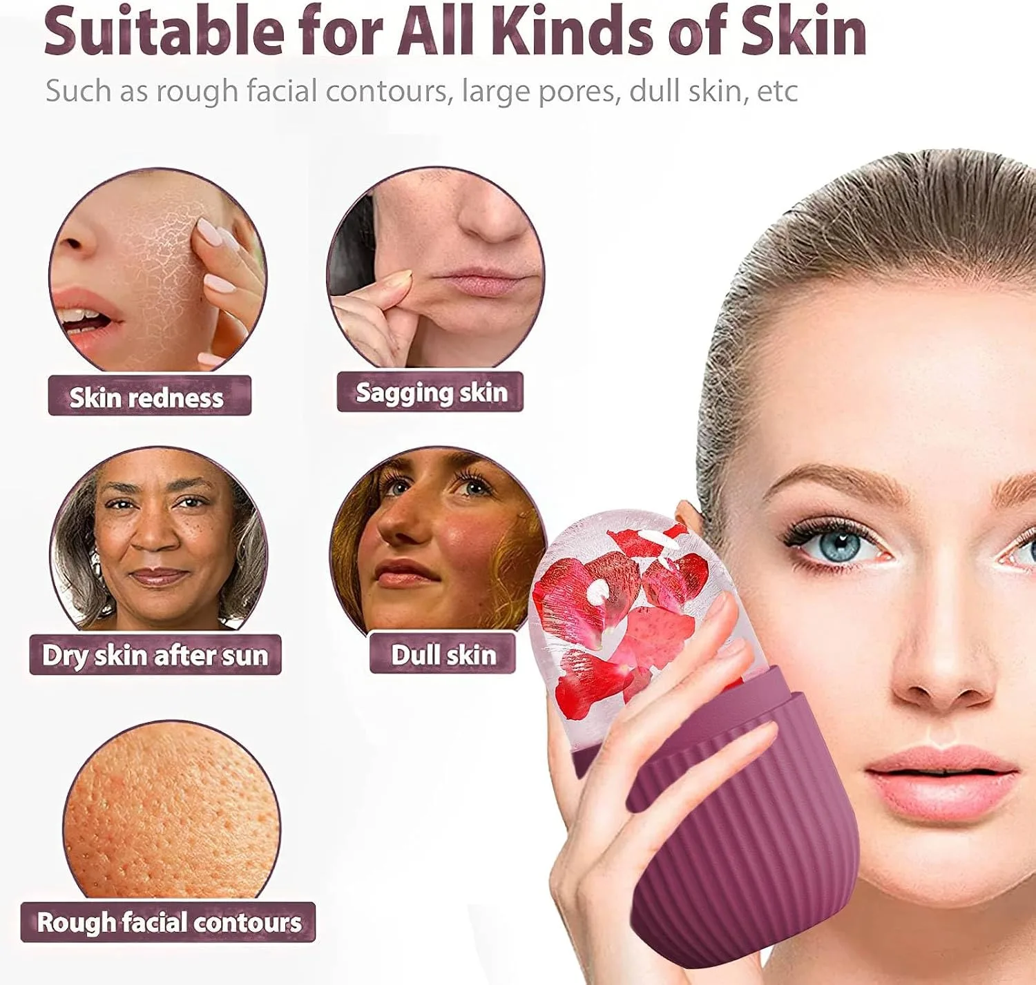 XHJRI Ice Face Roller Massager,Ice Cube Roller for Face, Eyes and Neck Naturally Conditioning and Skin Care,De-Puff Eye Bags,Reduce Migraine Pain,Reusable Massage Silicone Ice Mold (Rose)
