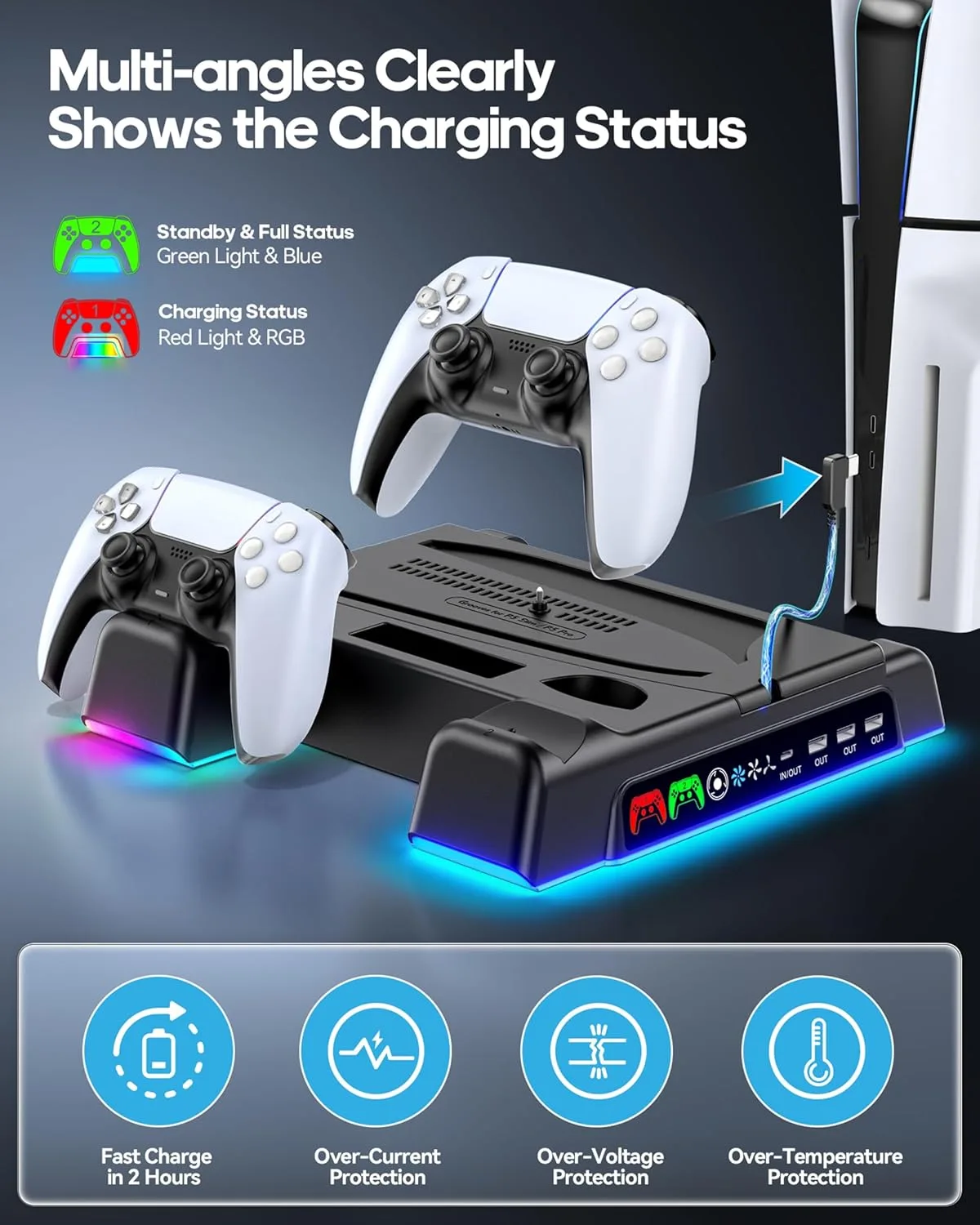PS5/Slim/Pro Stand and Cooling Station with LED Controller Charging Station for PlayStation 5 Console, Controller Charger, Cooling Stand, PS5/Slim/Pro Accessories Kit with 3 Level Cooling Fan - Black