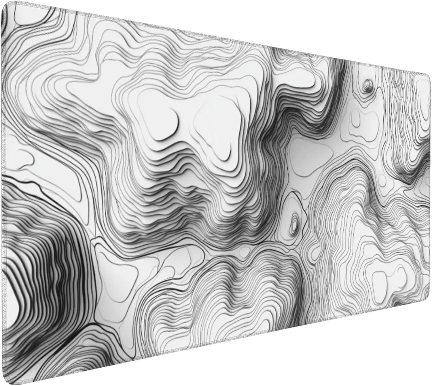 White Topographic Mouse Pad, XXL Extended Gaming Desk Mat, Non-Slip Rubber Base, Stitched Edges, 35.4" x 15.7"