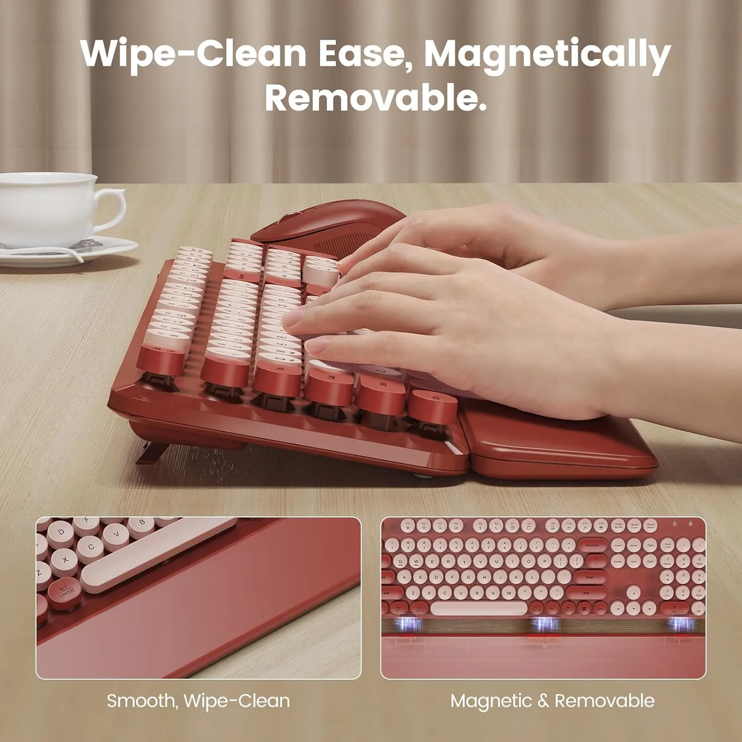 Wireless Keyboard Mouse Combo, Magnetic Wrist Rest, Round Keycaps, Wine Red