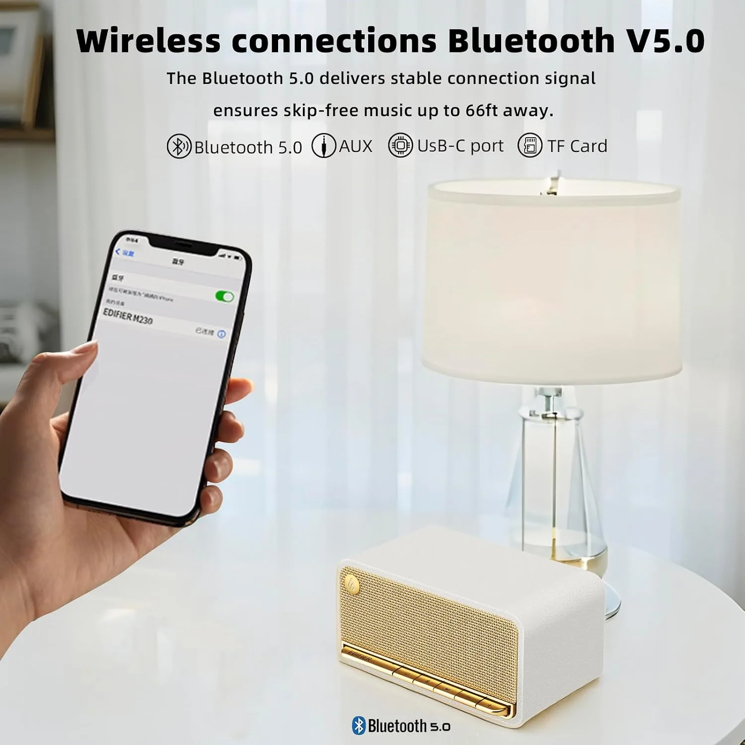 Edifier Retro Wood Bluetooth Speaker, Wireless Portable Speakers with 20W Stereo Sound, Vintage Decor Speaker with AUX,USB Soundcard Micro SD White