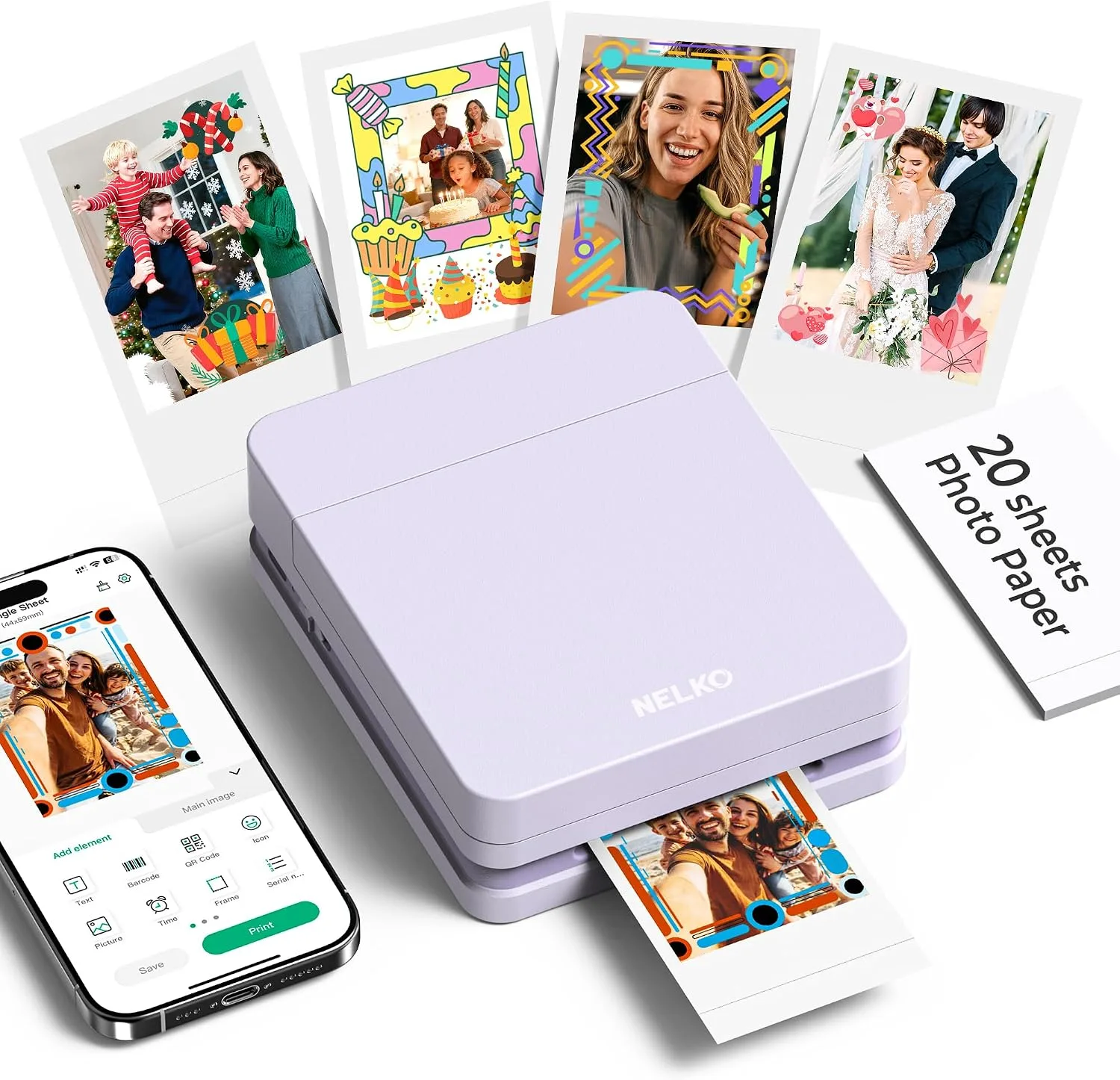 Nelko PP01 Photo Printer, 2x3 Portable Photo Printer, Mini Printer, Purple