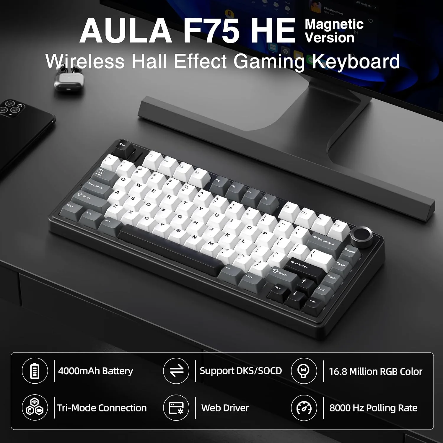 Aula F75 HE Wireless Gaming Keyboard Hall Effect Magnetic Switch Keyboard