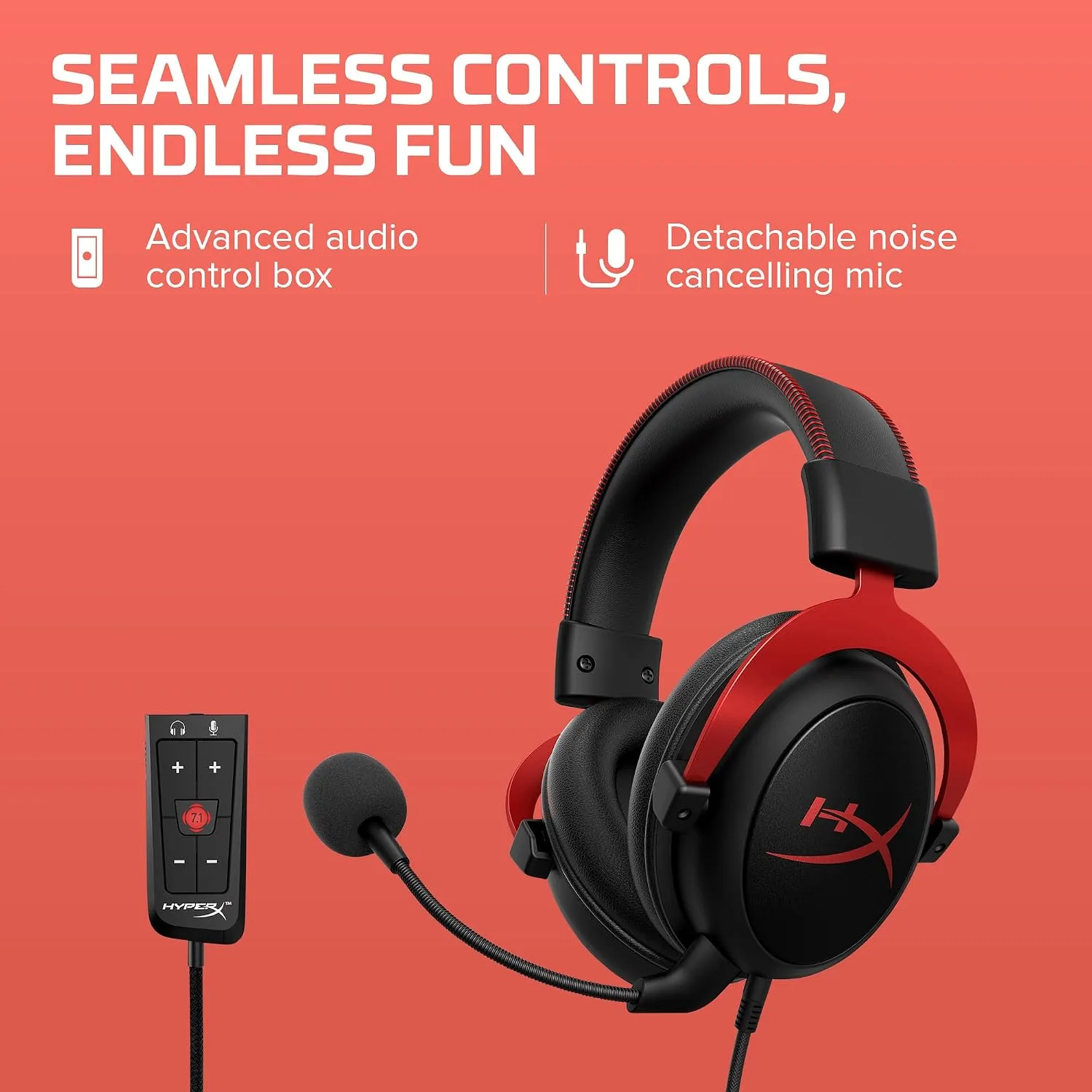 HyperX Cloud II Gaming Headset - 7.1 Surround Sound - Memory Foam Ear Pads - Durable Aluminum Frame - Multi Platform Headset - Works with PC, PS4, PS4 PRO, Xbox One, Xbox One S - Red (KHX-HSCP-RD)