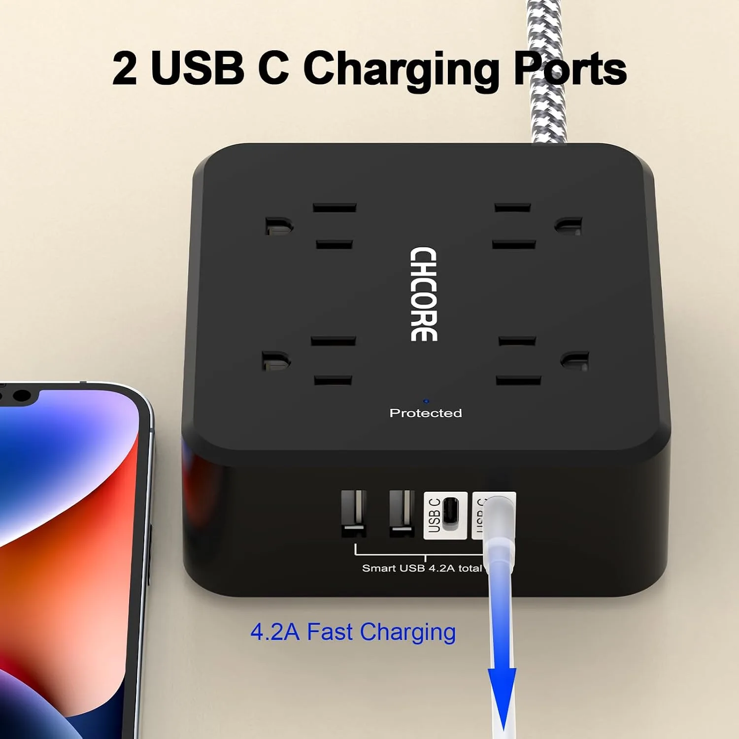 Surge Protector Power Strip - CHCORE 5Ft Braided Extension Cord with 8 Outlets with 4 USB (2 USB C) Charging Ports, Flat Plug Multi Plug Outlet Extender Charging Station for Home Office, ETL, Black