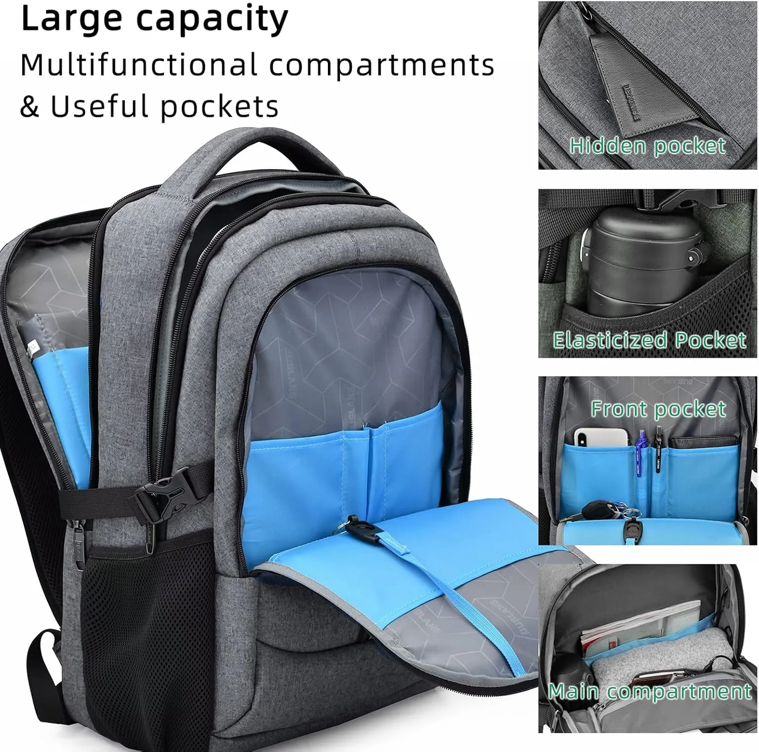 DUSLANG 17 Inch Laptop Backpack for Travel Water Resistant College Backpack for Men/Women Laptop Bag with USB Charging Port and Rain Cover,light grey