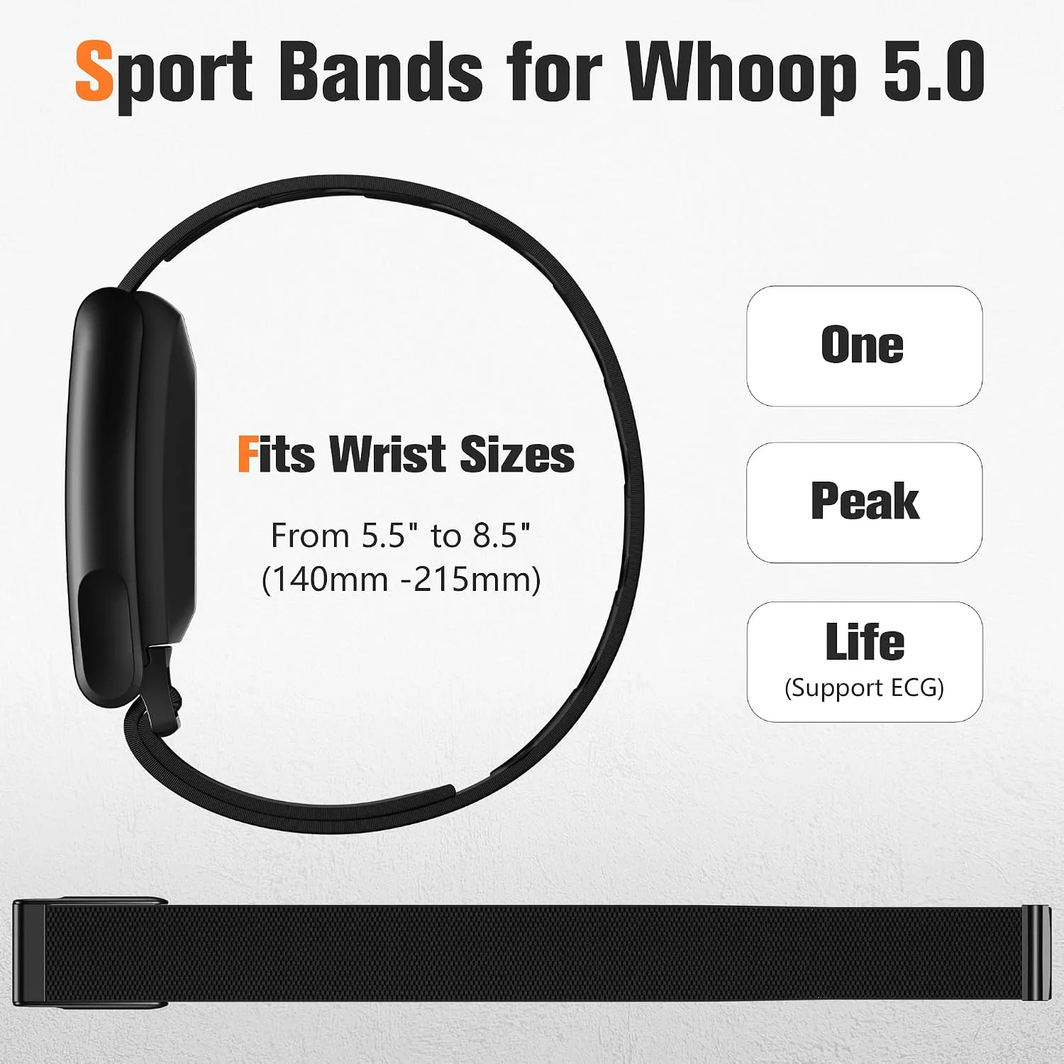 Getino Sport Band Compatible with Whoop 5.0 Bands One, Peak and Life/MG, Breathable Adjustable Elastic Replacement Soft Nylon Strap Accessories for Whoop Band 5.0 Fitness Tracker, BlackBlack