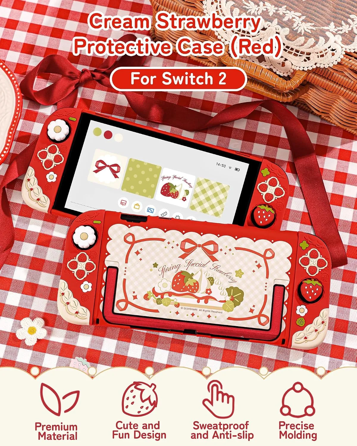 GeekShare Strawberries with Cream Case Compatible with Switch 2, Slim Separable Soft Silicone Protective Shell with 2 Thumb Grip Caps - Red