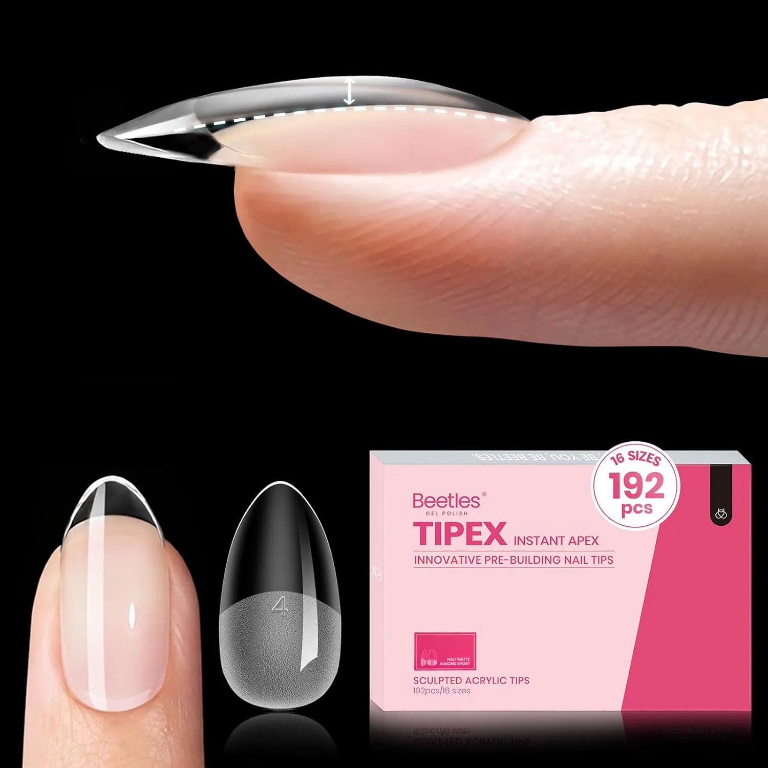 Tips para uñas Beetles Tipex Instant Apex, almendra corta, 192 piezas 16 tamaños