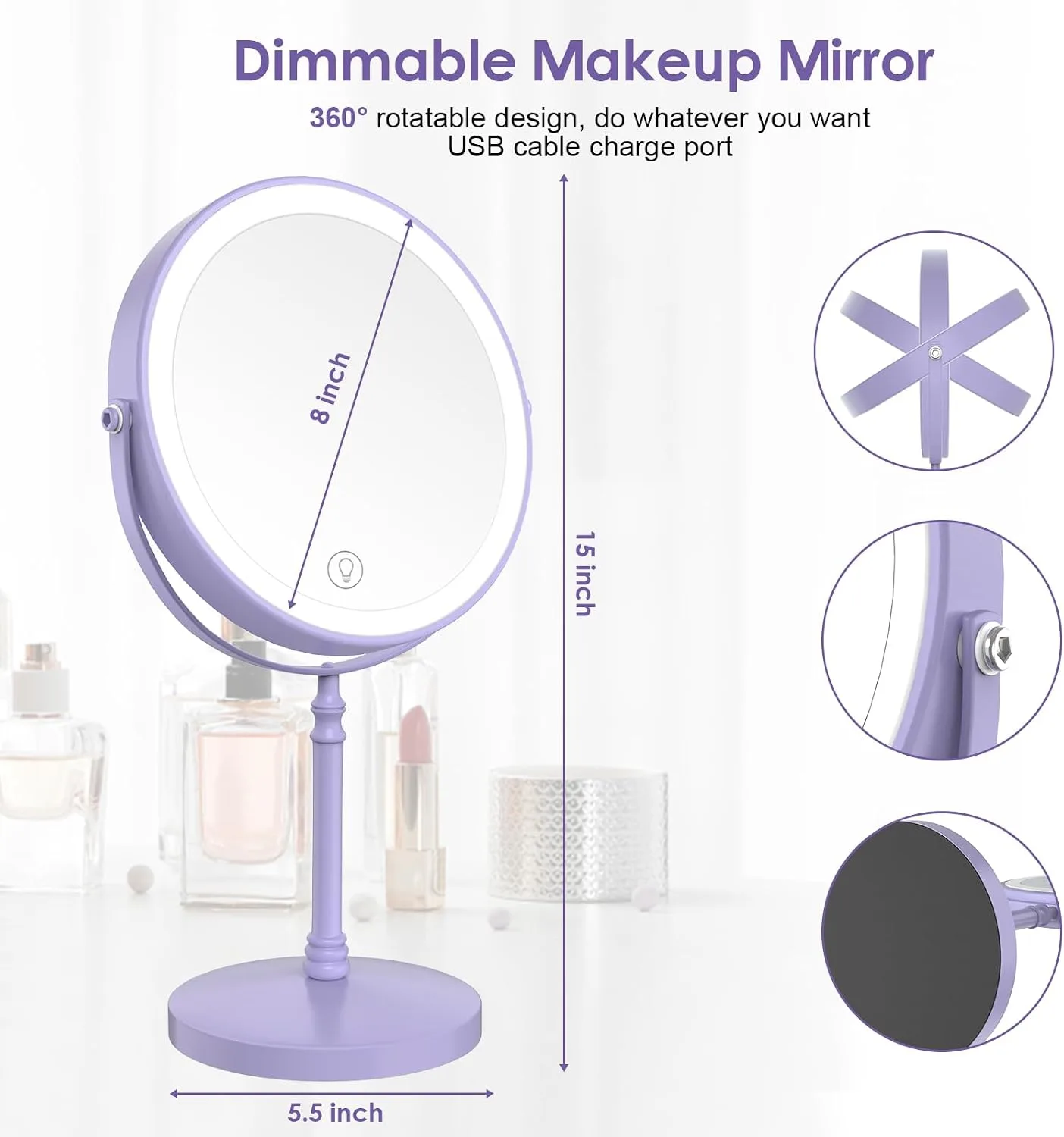 DEIOVWXS Makeup Mirror, Rechargeable Vanity Mirror with 3 Lights, 1X/10X