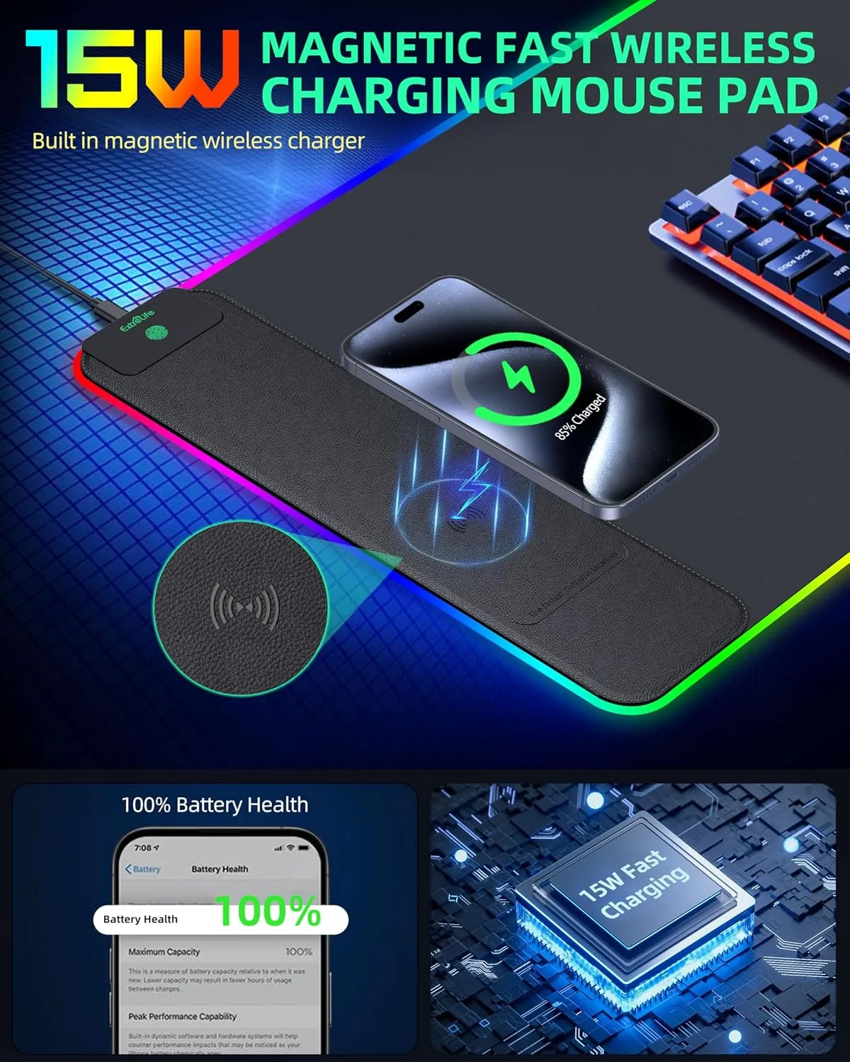 15W Wireless Charging RGB Mouse Pad, 31.5"x15.7", XXL Gaming Desk Mat
