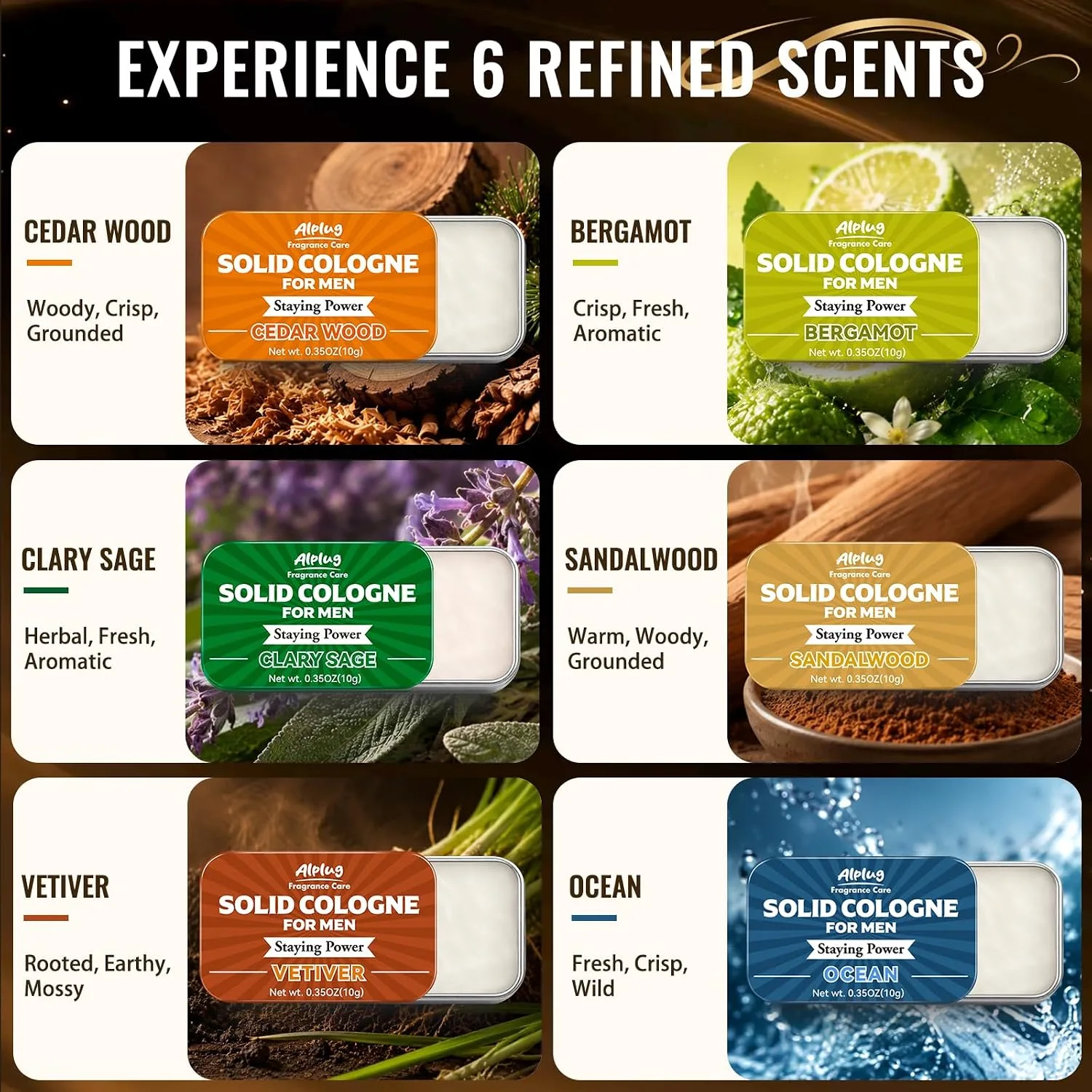 6 Pack Solid Cologne Gifts for Men, Mens Gifts Cologne with Cedar Wood, Bergamot, Sandalwood, Clary Sage, Vetiver, Ocean Perfume, Stocking Stuffers for Men, Christmas Gift for Dad Husband Boyfriend