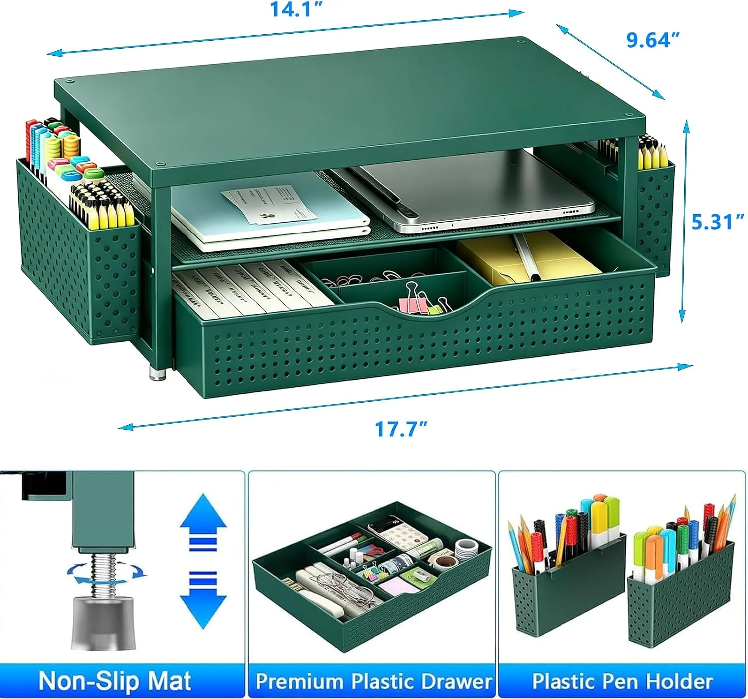 gianotter Monitor Stand with Drawer and 2 Pen Holders (Green)