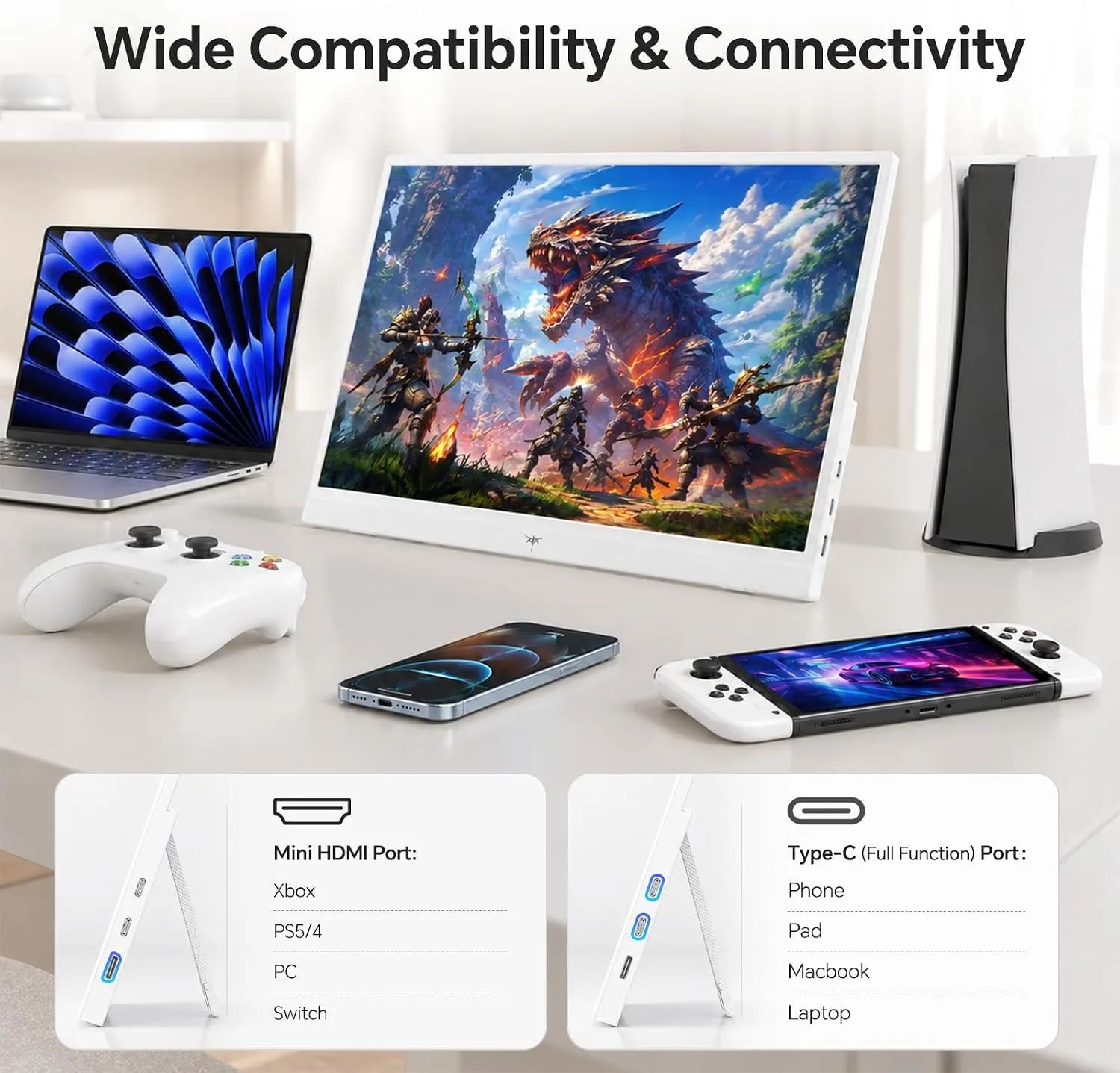 KTC Portable Monitor 15.6 Inch, FHD USB-C HDMI Laptop Screen, White, H15F8